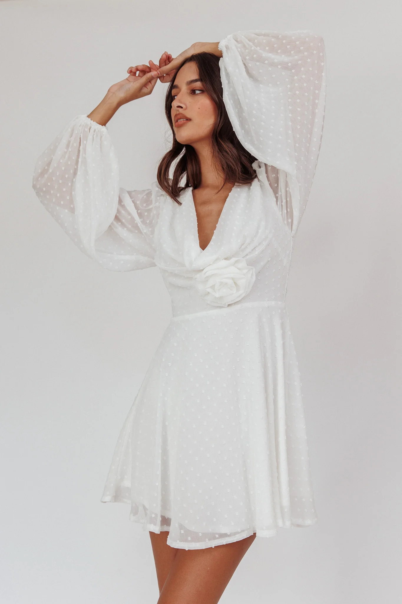 Open Heart Long Sleeve Rosette Mini Dress White - Image 2