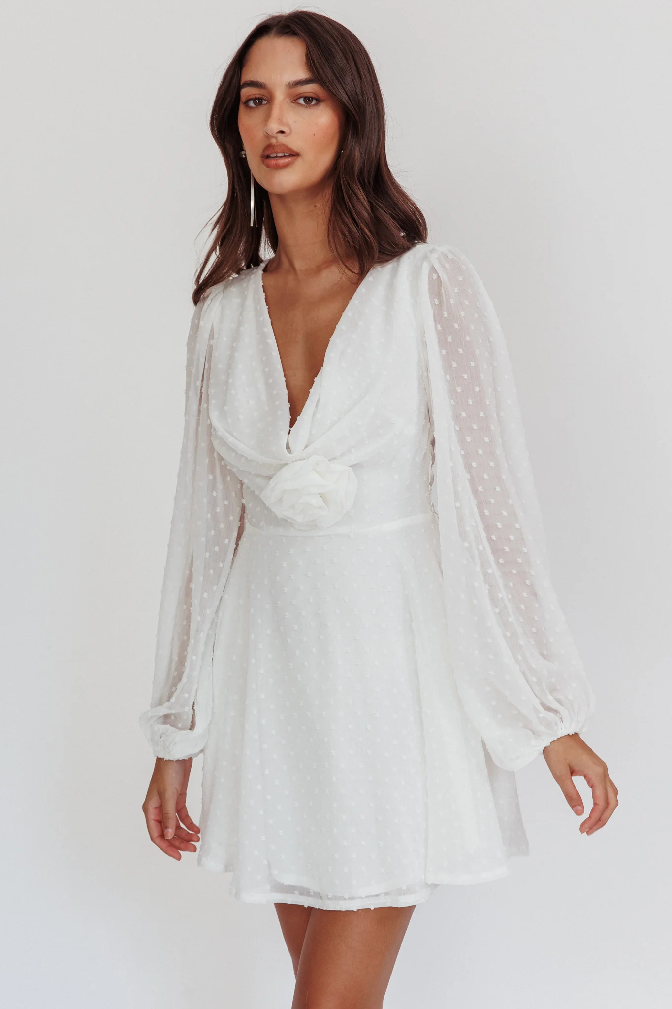 Open Heart Long Sleeve Rosette Mini Dress White - Image 6