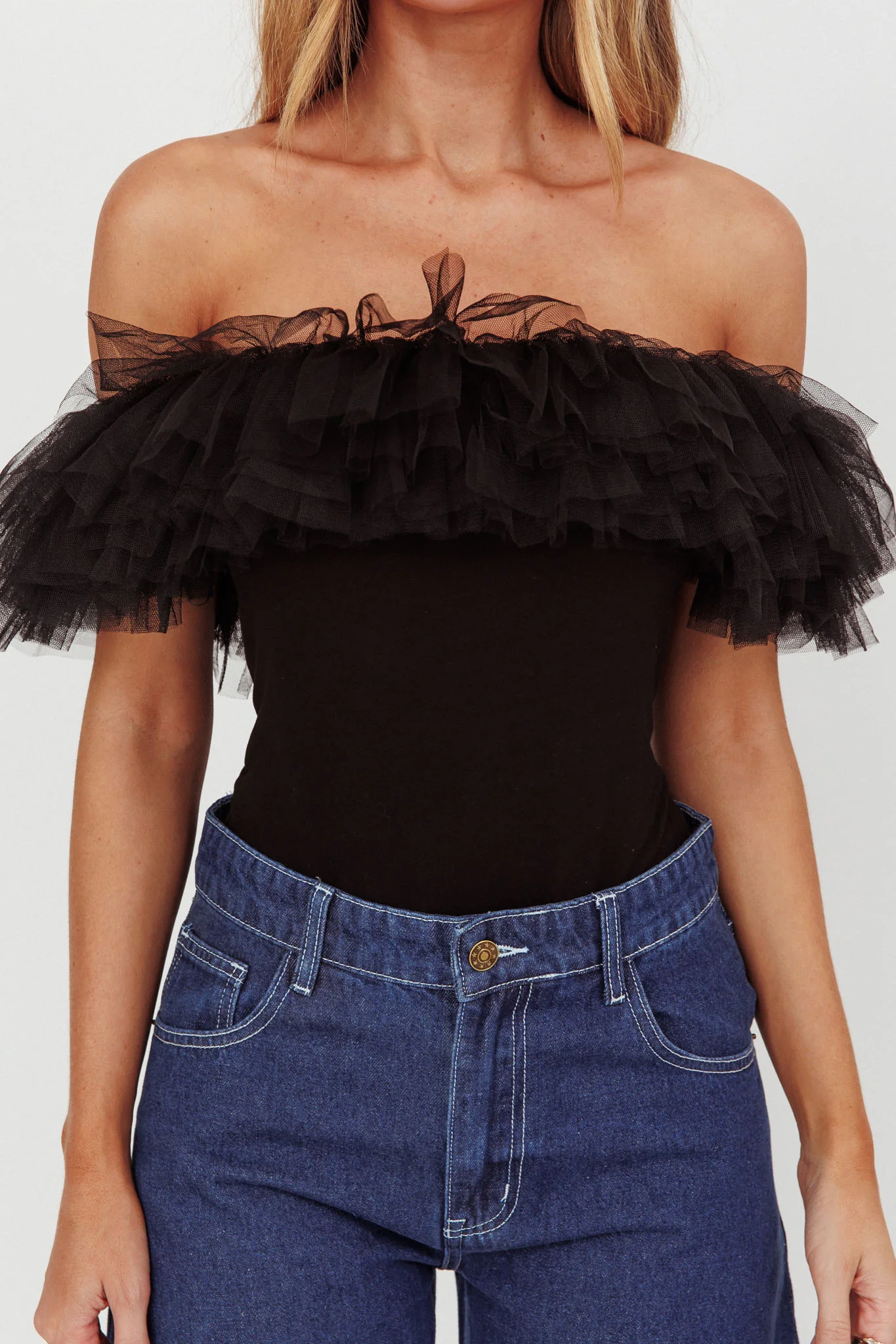 Opera Night Tulle Off-Shoulder Bodysuit Black - Image 4