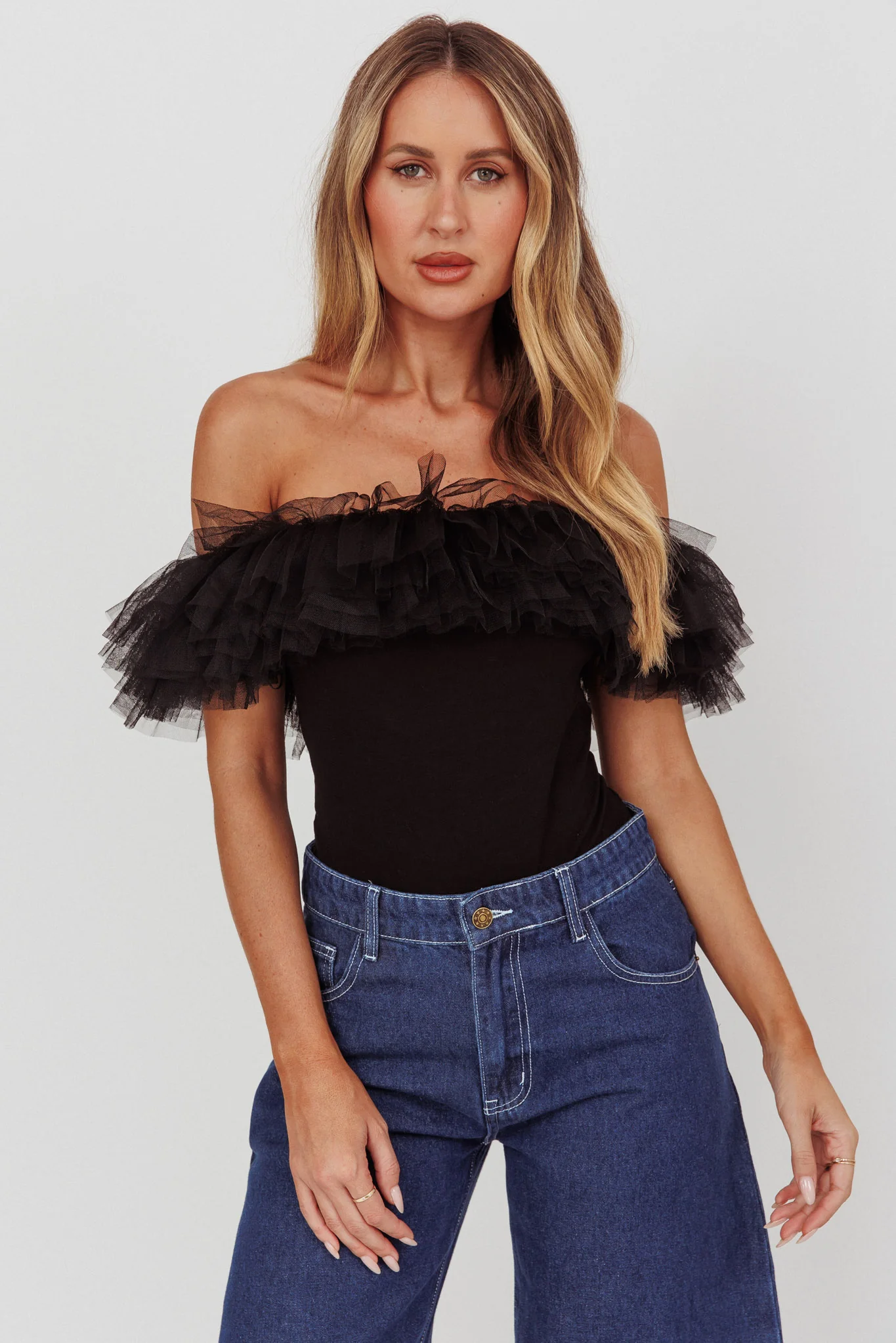 Opera Night Tulle Off-Shoulder Bodysuit Black - Image 5