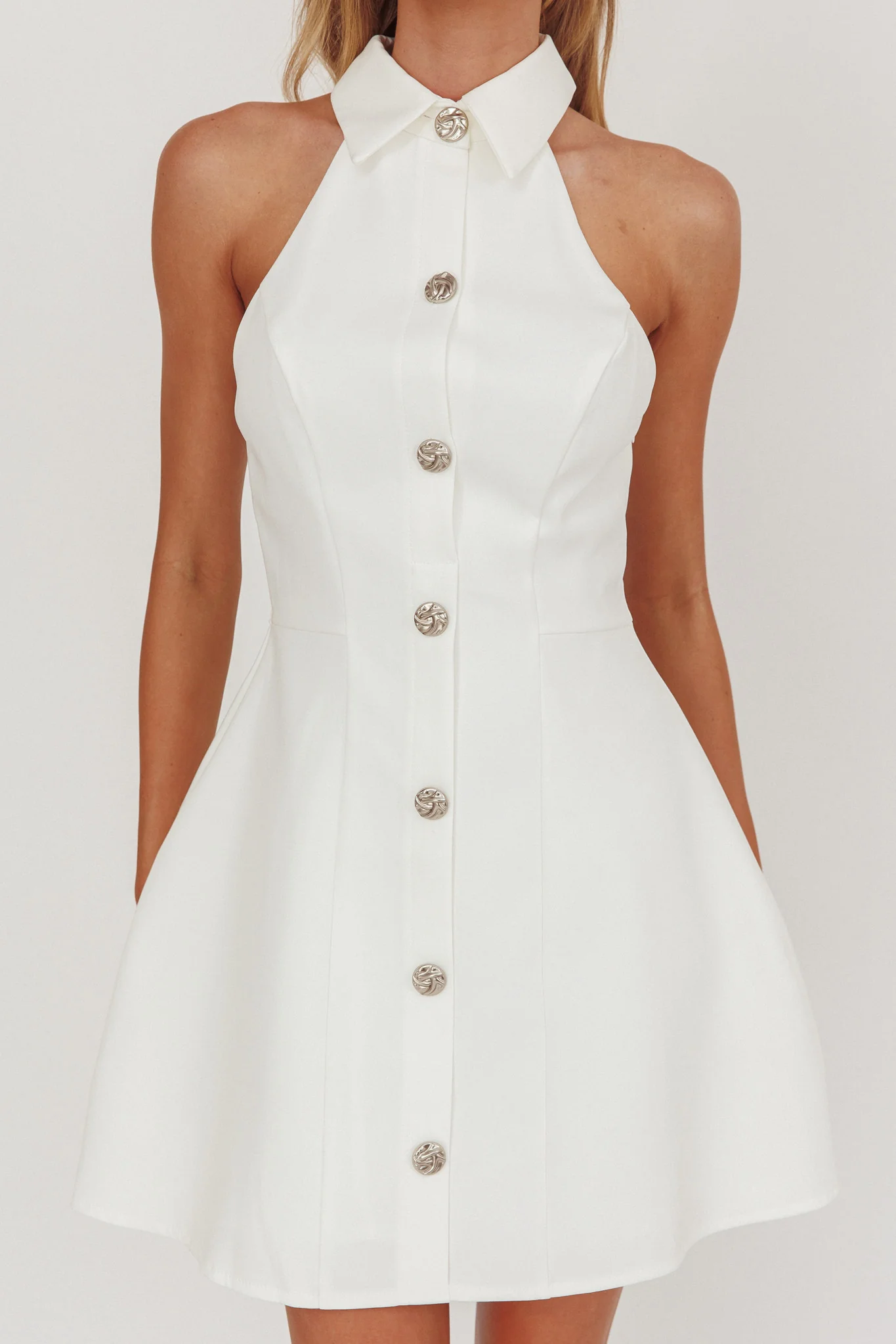 Opulent Collared Neckline Mini Dress White - Image 3