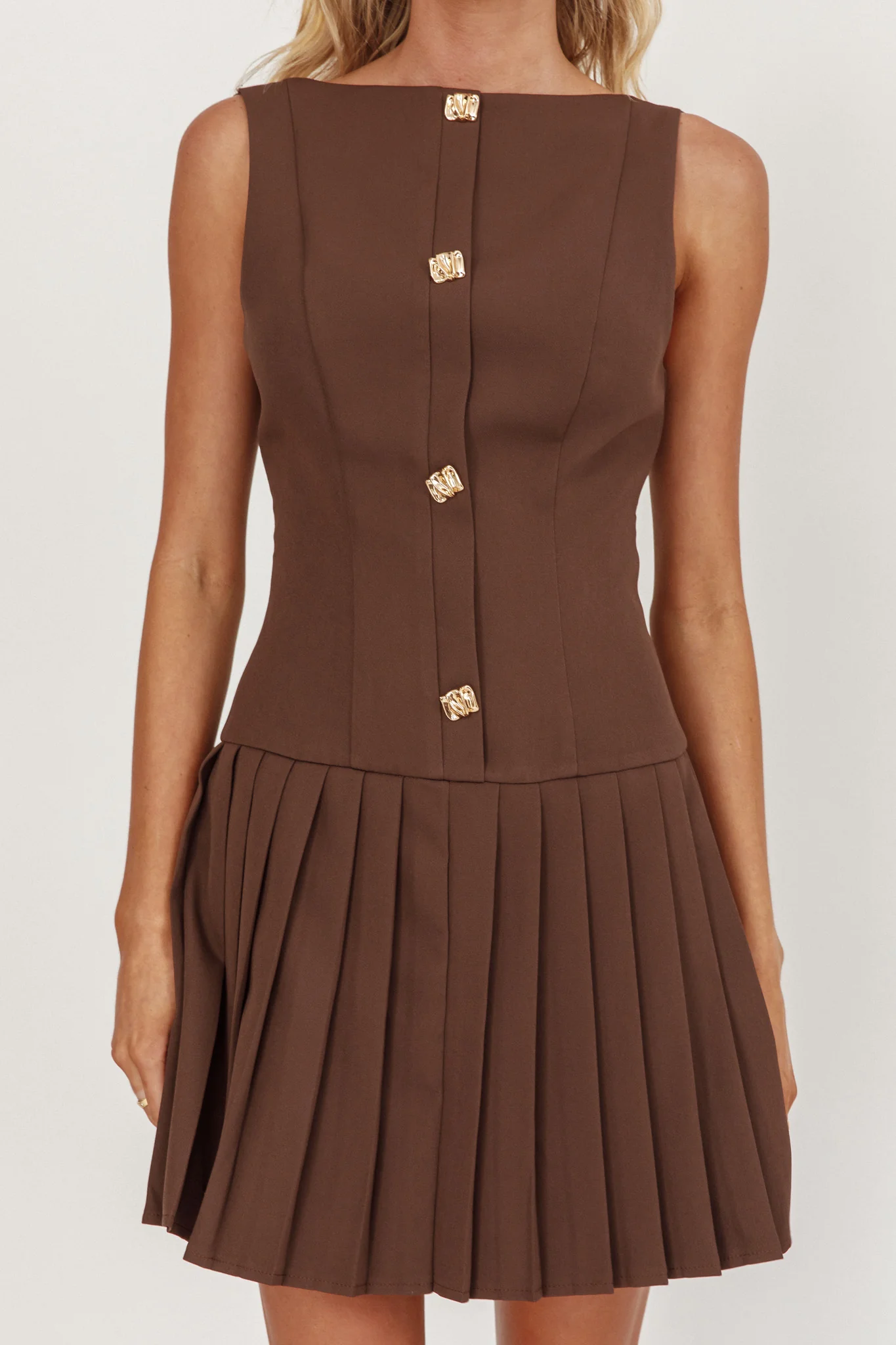 Opulent Pleat Skirt Button Mini Dress Coco - Image 5