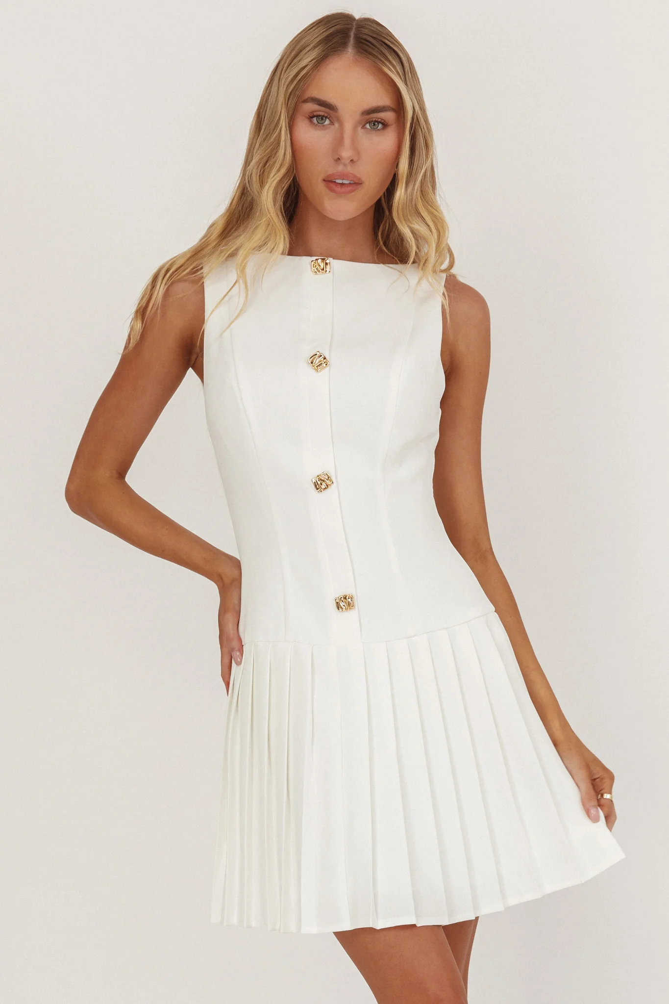 Opulent Pleat Skirt Button Mini Dress White - Image 5