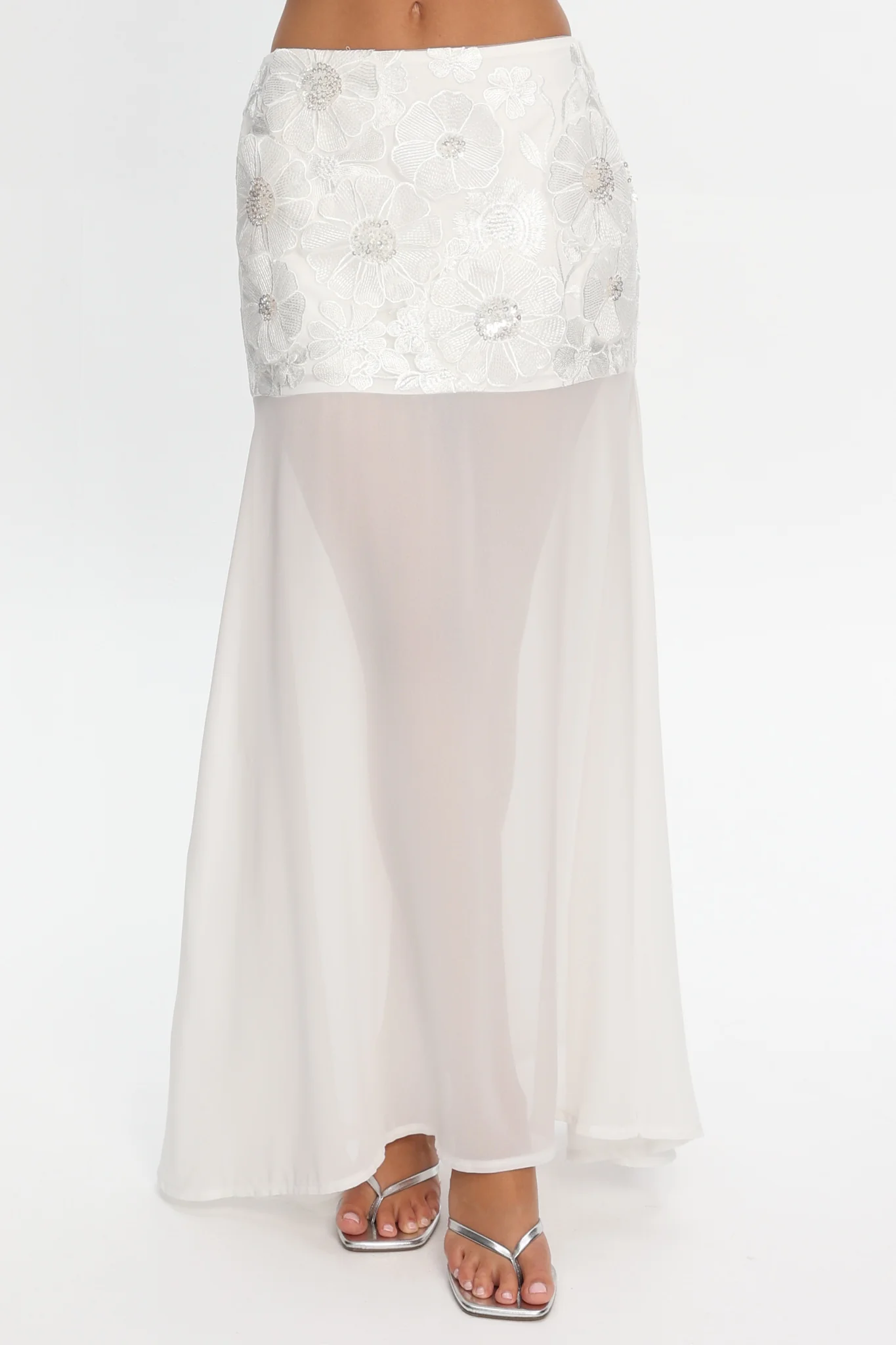 Opulent Sheer Hem Maxi Skirt Embroidered Off White - Image 4