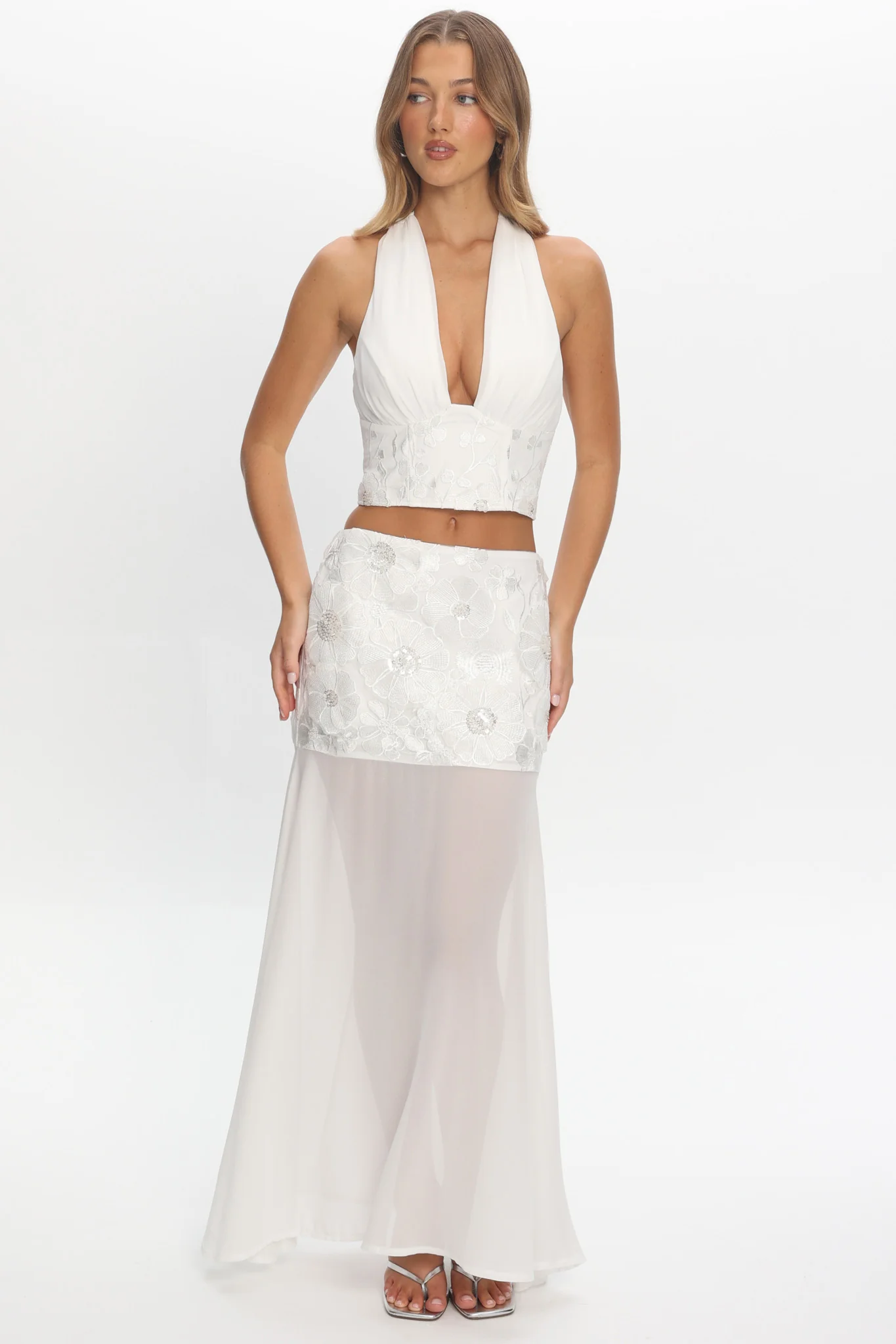 Opulent Sheer Hem Maxi Skirt Embroidered Off White - Image 5