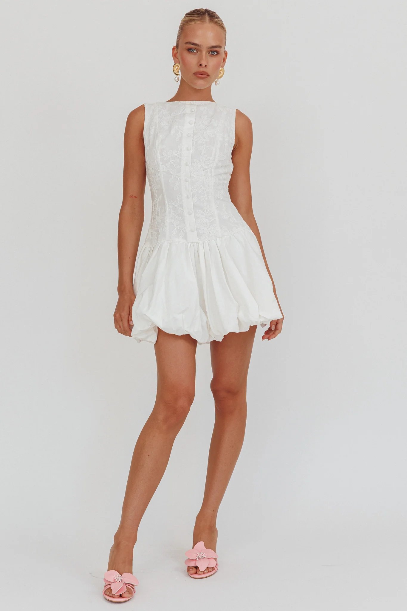 Opulent Sleeveless Bubble Hem Mini Dress Embroidered White - Image 4