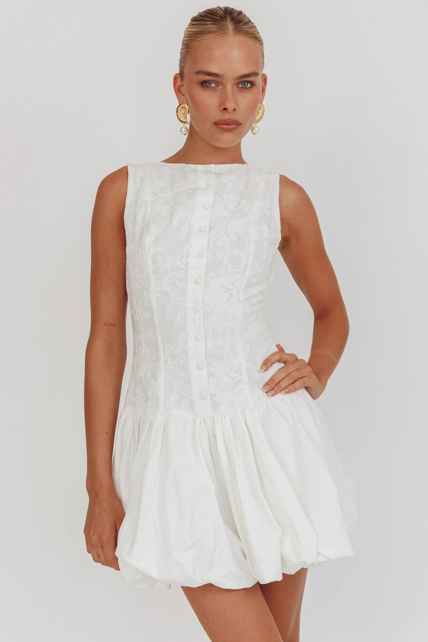 Opulent Sleeveless Bubble Hem Mini Dress Embroidered White - Image 5