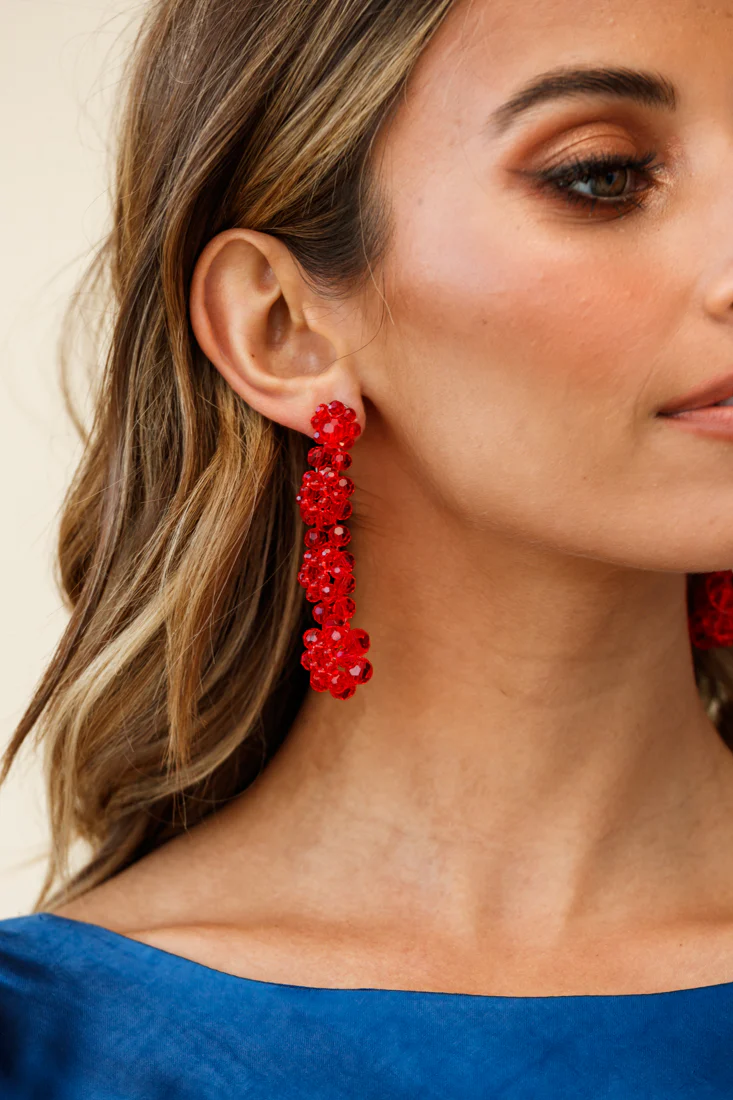 Osaka Floral Beaded Earrings Red - Image 2