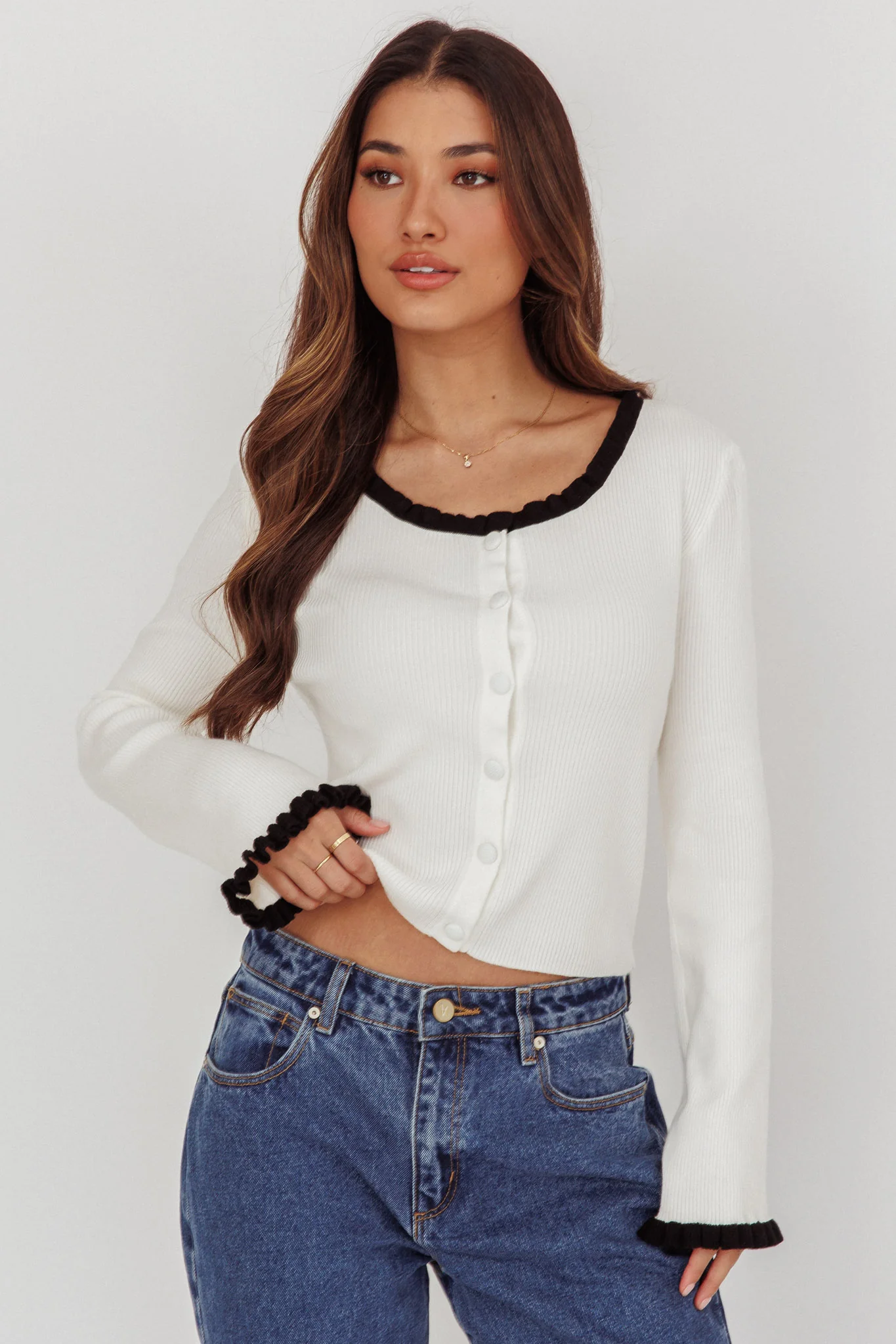 Oshan Ruffle Trim Cardigan Cream