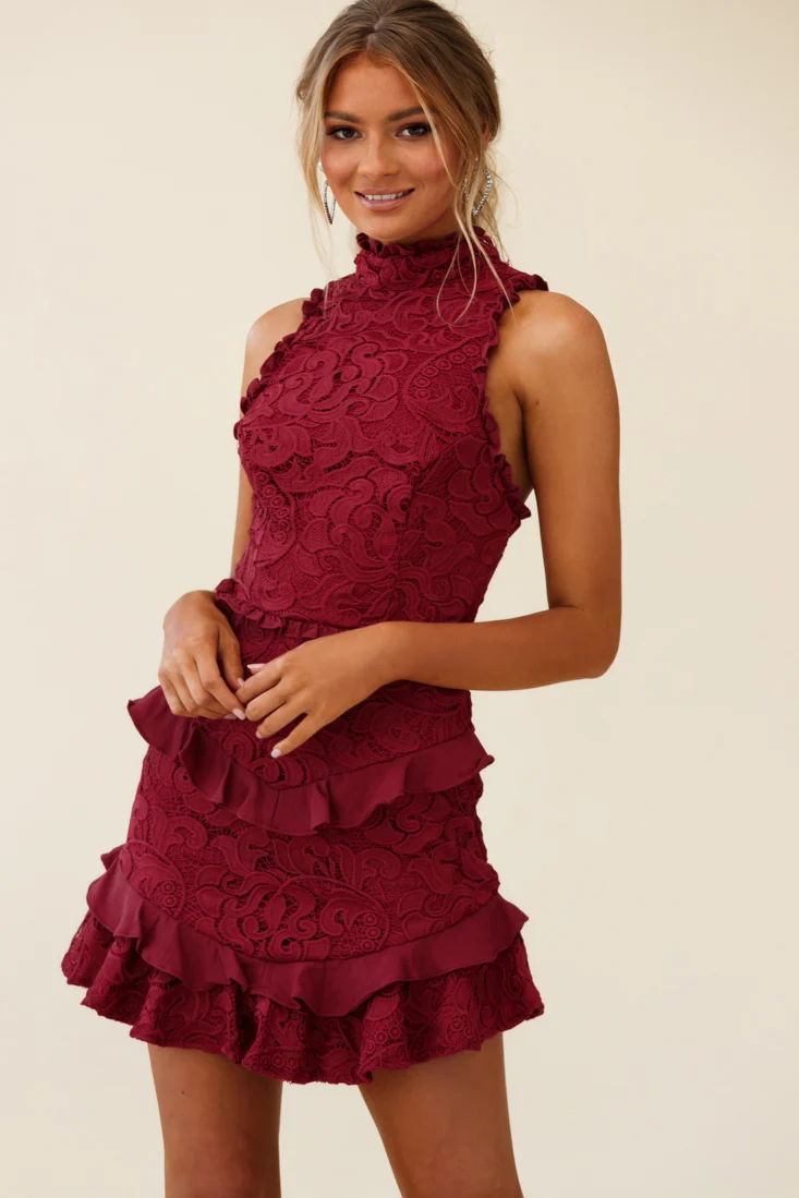 Osiris Sleeveless High Neck Lace Dress Wine - Image 2
