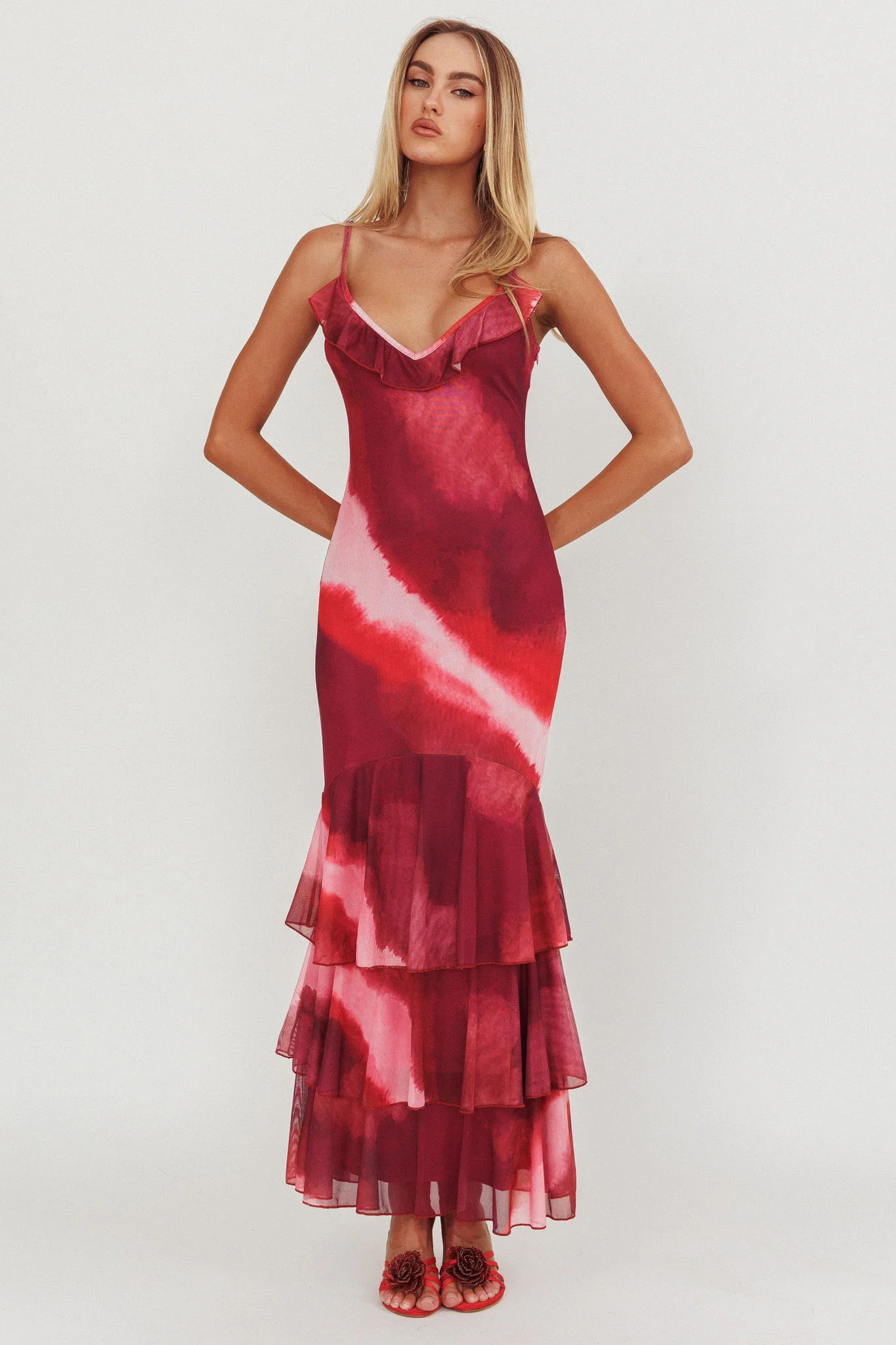 Oskar Tiered Ruffle Hem Mermaid Maxi Dress Pink - Image 3