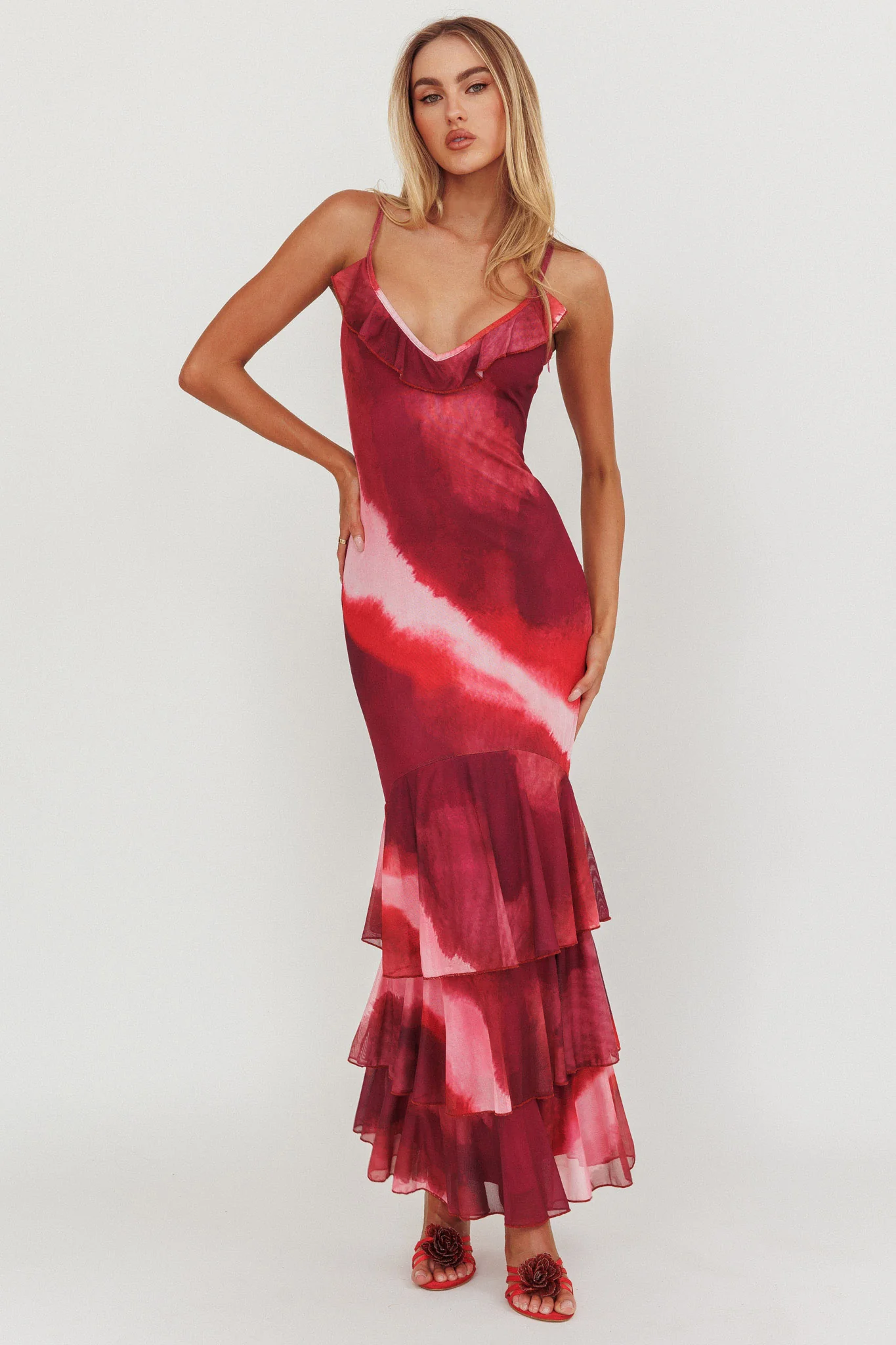 Oskar Tiered Ruffle Hem Mermaid Maxi Dress Pink - Image 5