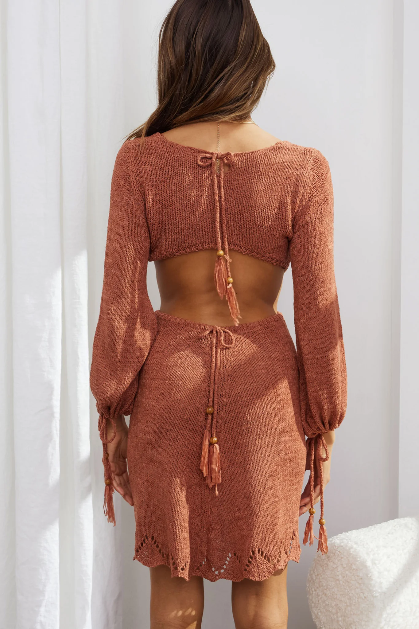 Out Of Office Long Sleeve Cut-Out Knit Mini Dress Chocolate - Image 2