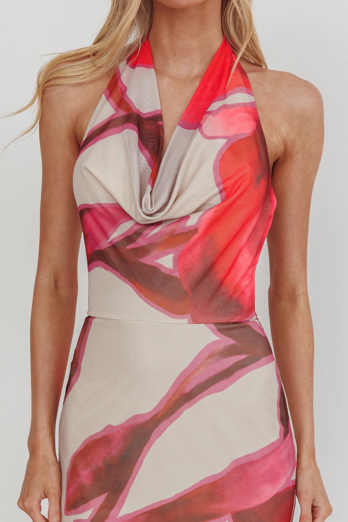 Outlier Cowl Halterneck Maxi Dress Print Beige - Image 3