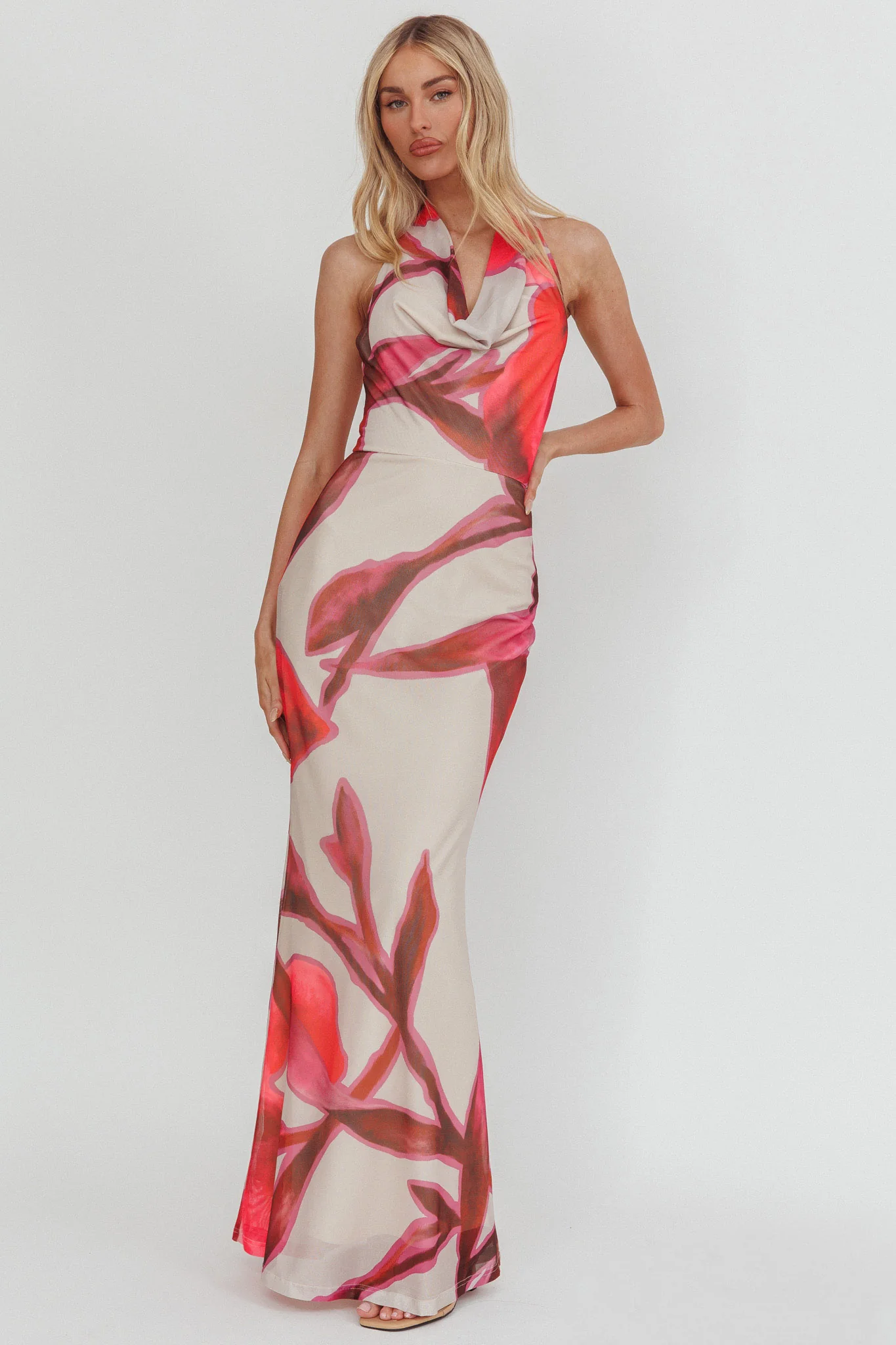 Outlier Cowl Halterneck Maxi Dress Print Beige - Image 4