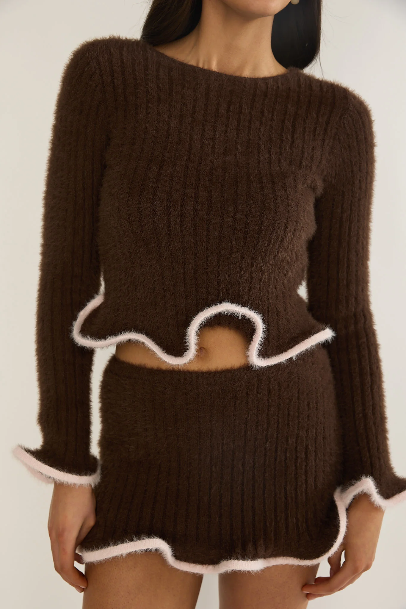 Pailin Lettuce Edge Knit Top Brown - Image 4