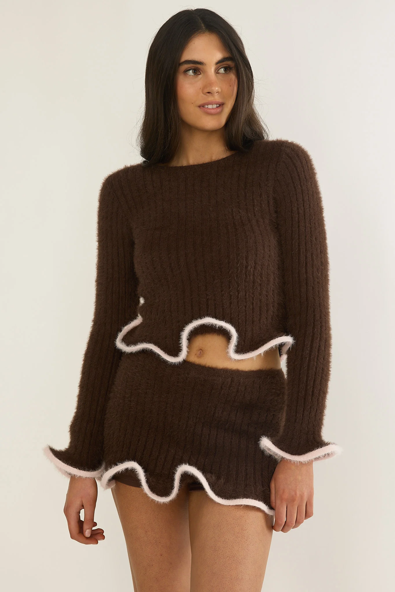Pailin Lettuce Edge Knit Top Brown - Image 5