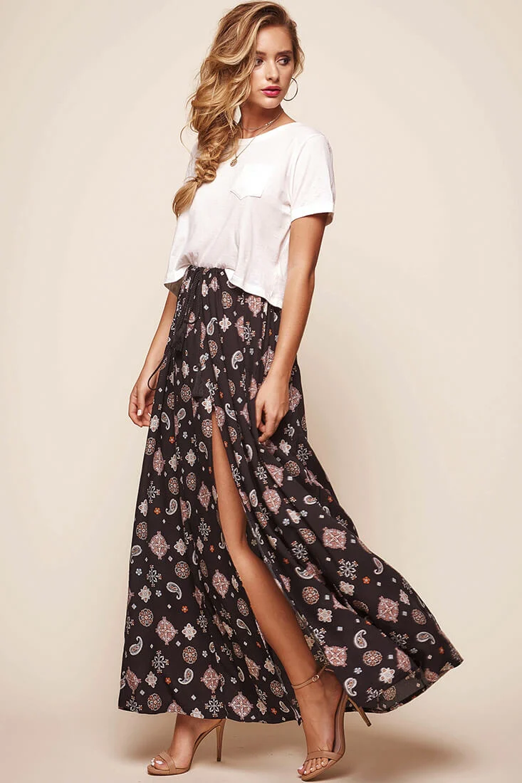 Paisley Split Maxi Skirt Black - Image 4