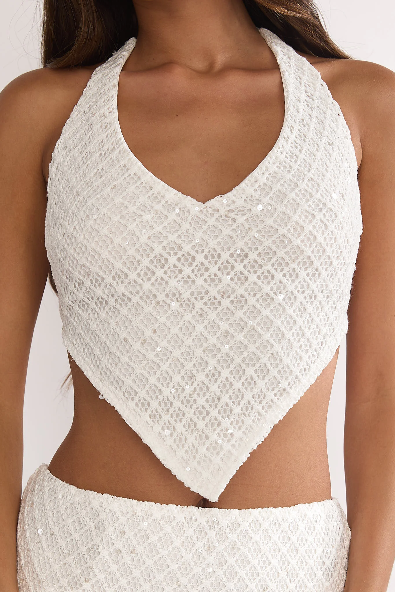 Palaya Crochet Knit Halter Top Sequin Cream - Image 4