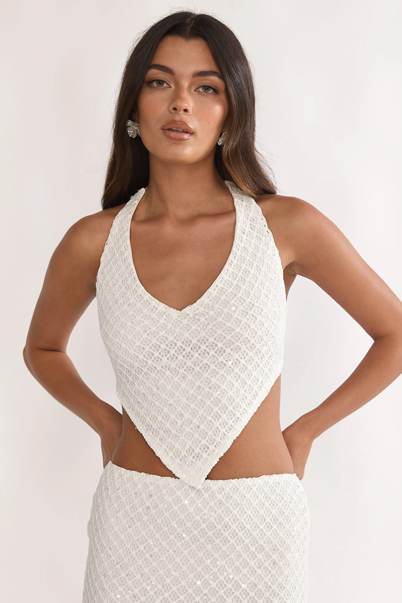 Palaya Crochet Knit Halter Top Sequin Cream - Image 6
