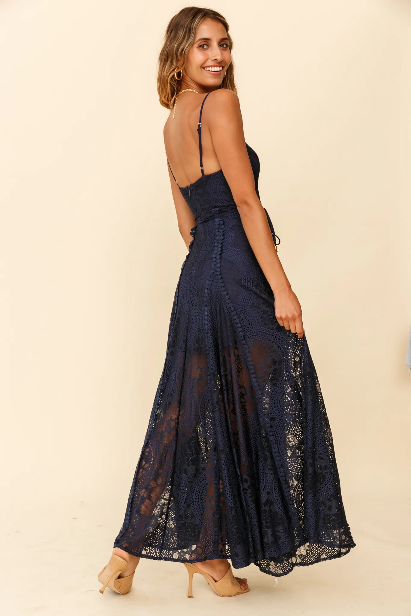 Palm Springs Lace Overlay Maxi Dress Navy - Image 2