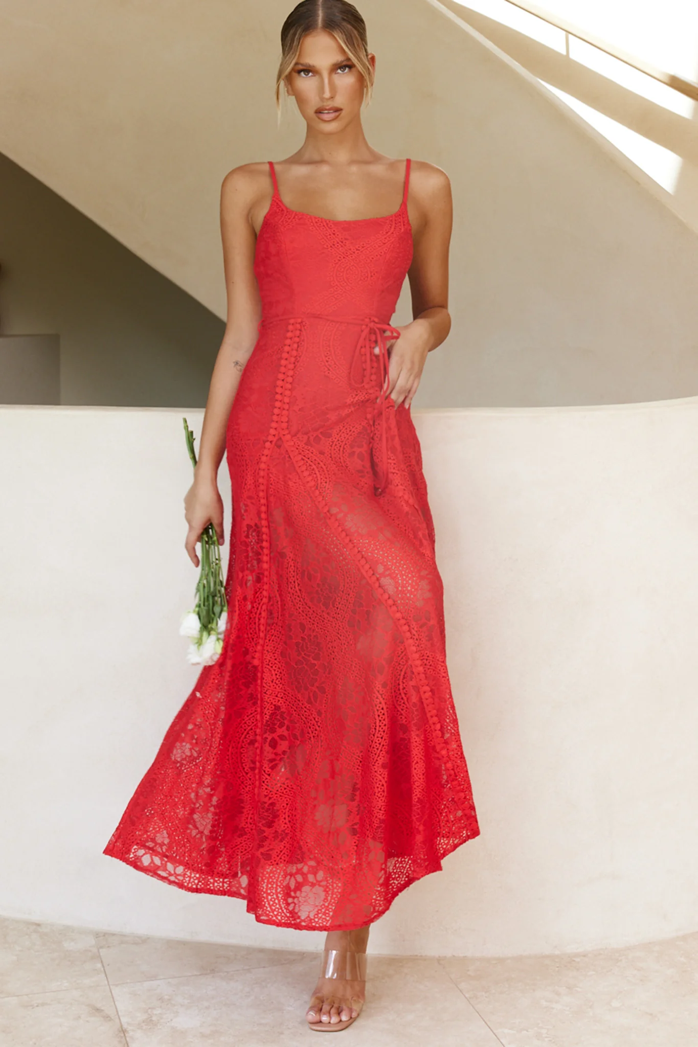 Palm Springs Lace Overlay Maxi Dress Red - Image 7