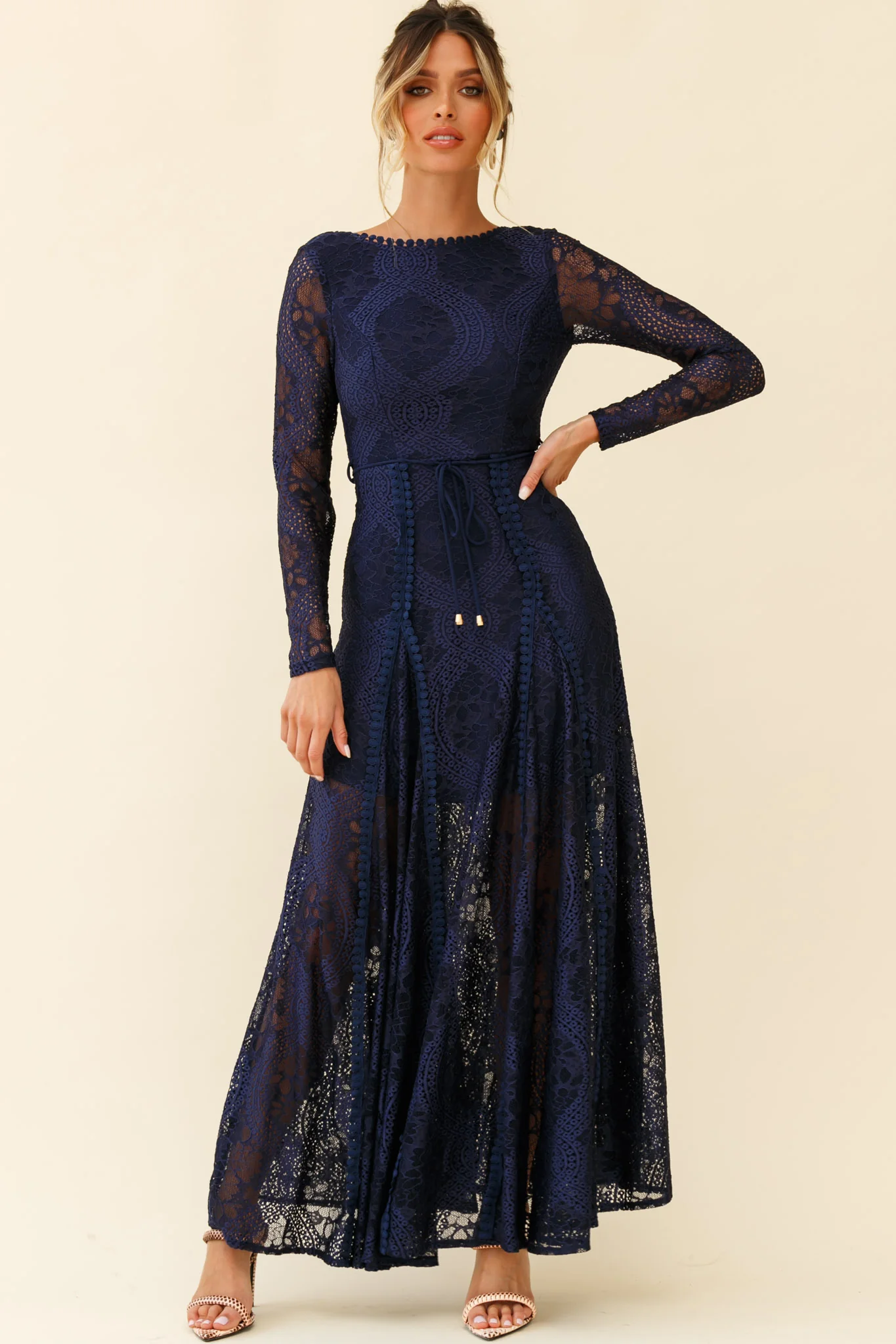 Palm Springs Long Sleeve Lace Overlay Maxi Dress Navy - Image 3