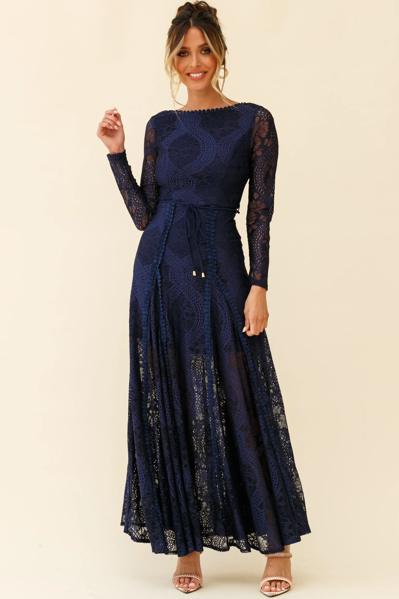 Palm Springs Long Sleeve Lace Overlay Maxi Dress Navy - Image 4