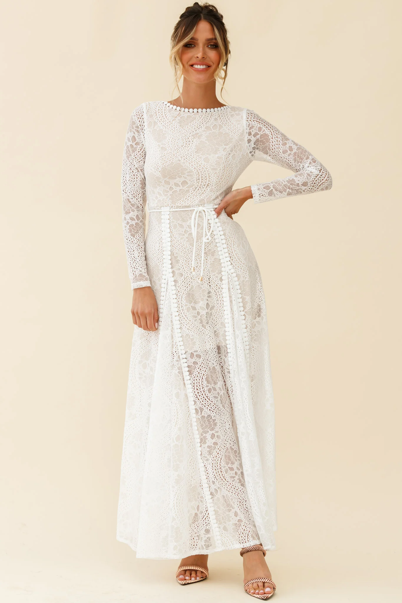 Palm Springs Long Sleeve Lace Overlay Maxi Dress White - Image 4