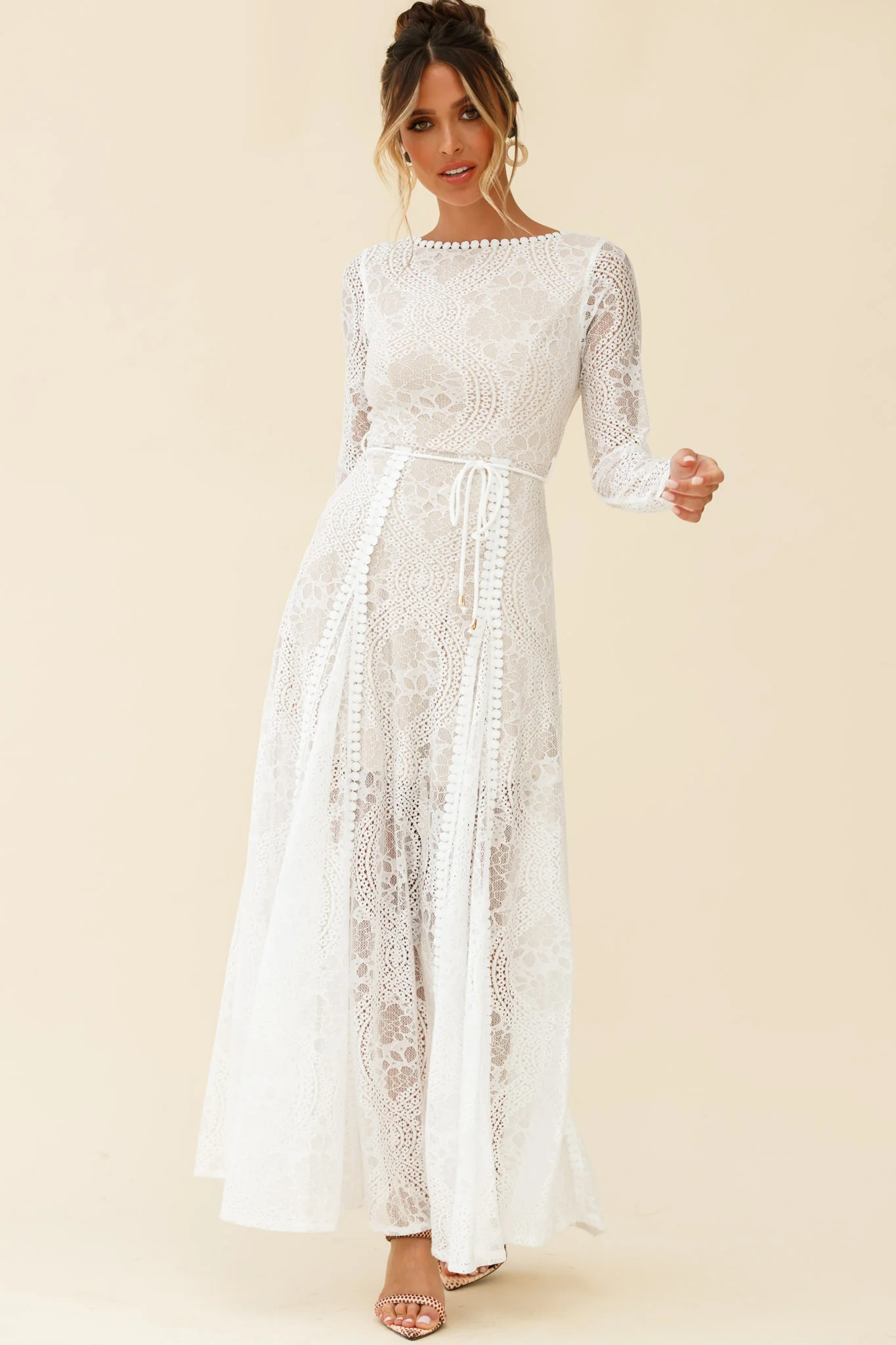 Palm Springs Long Sleeve Lace Overlay Maxi Dress White - Image 6