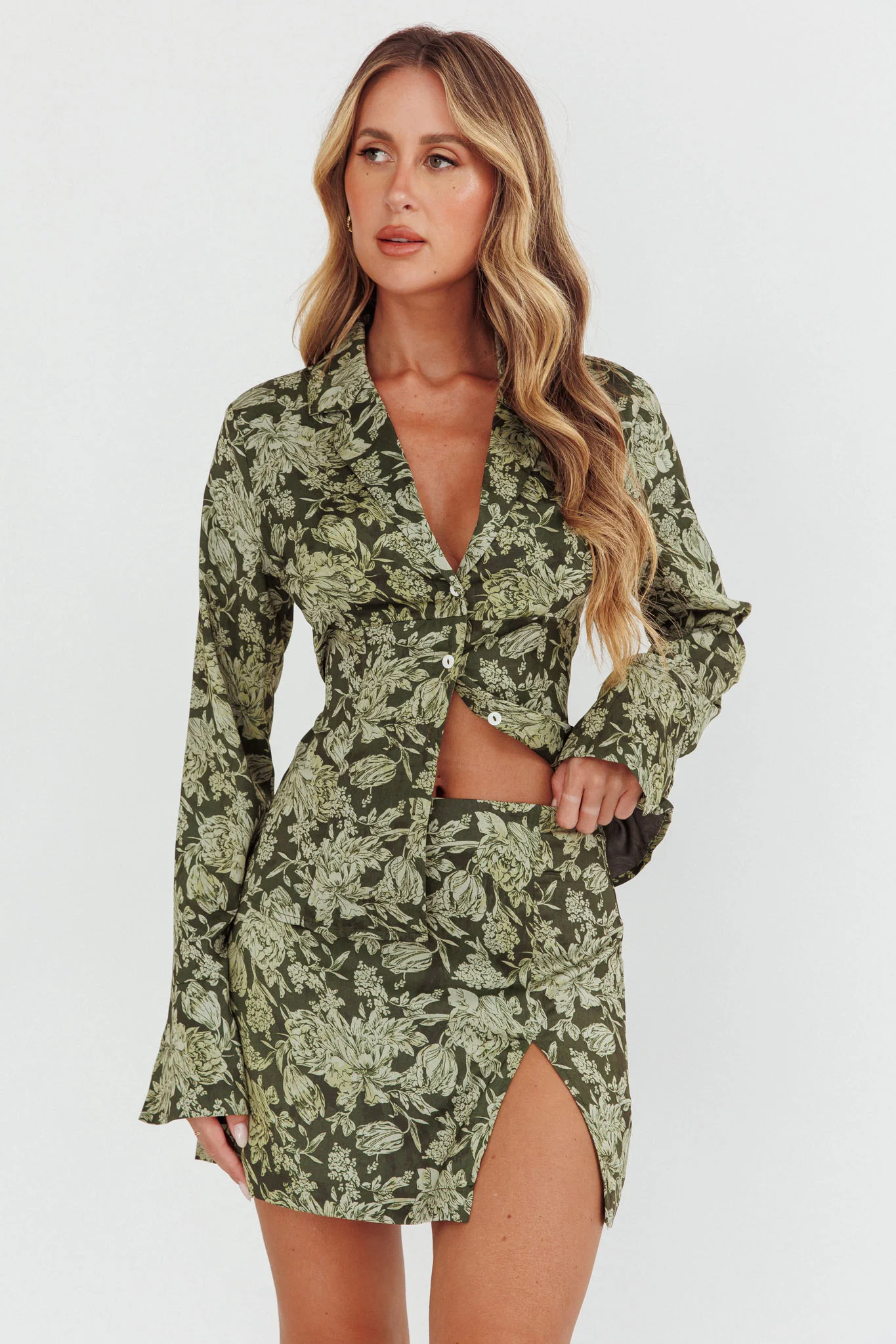 Palmas Split Mini Skirt Floral Olive - Image 2