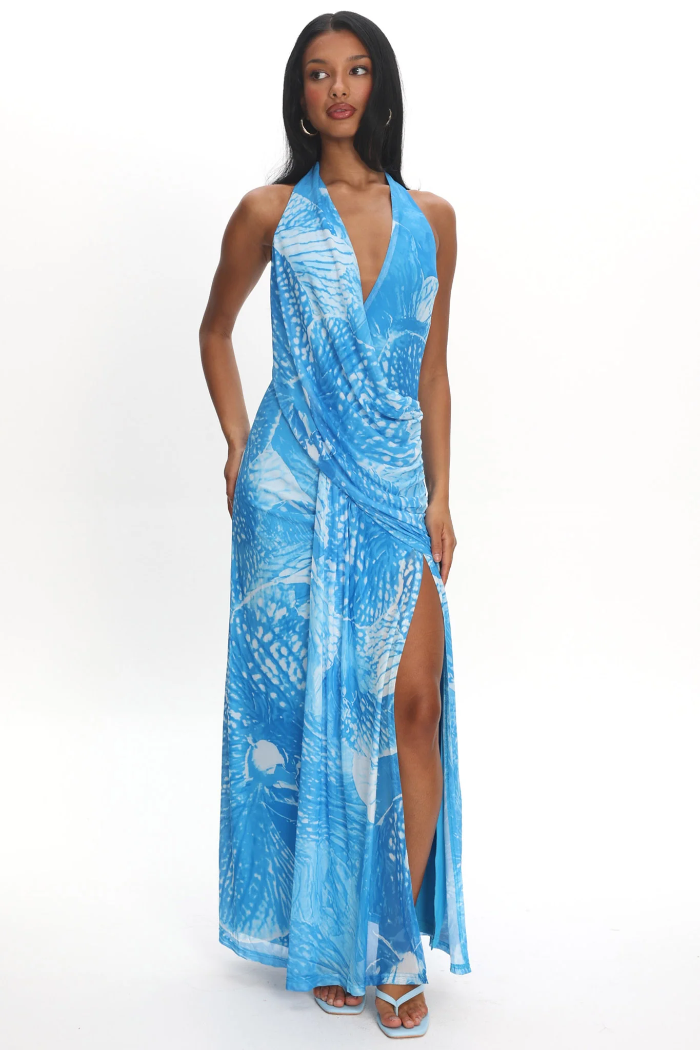 Palomino Plunging Halter Maxi Dress Print Blue - Image 2