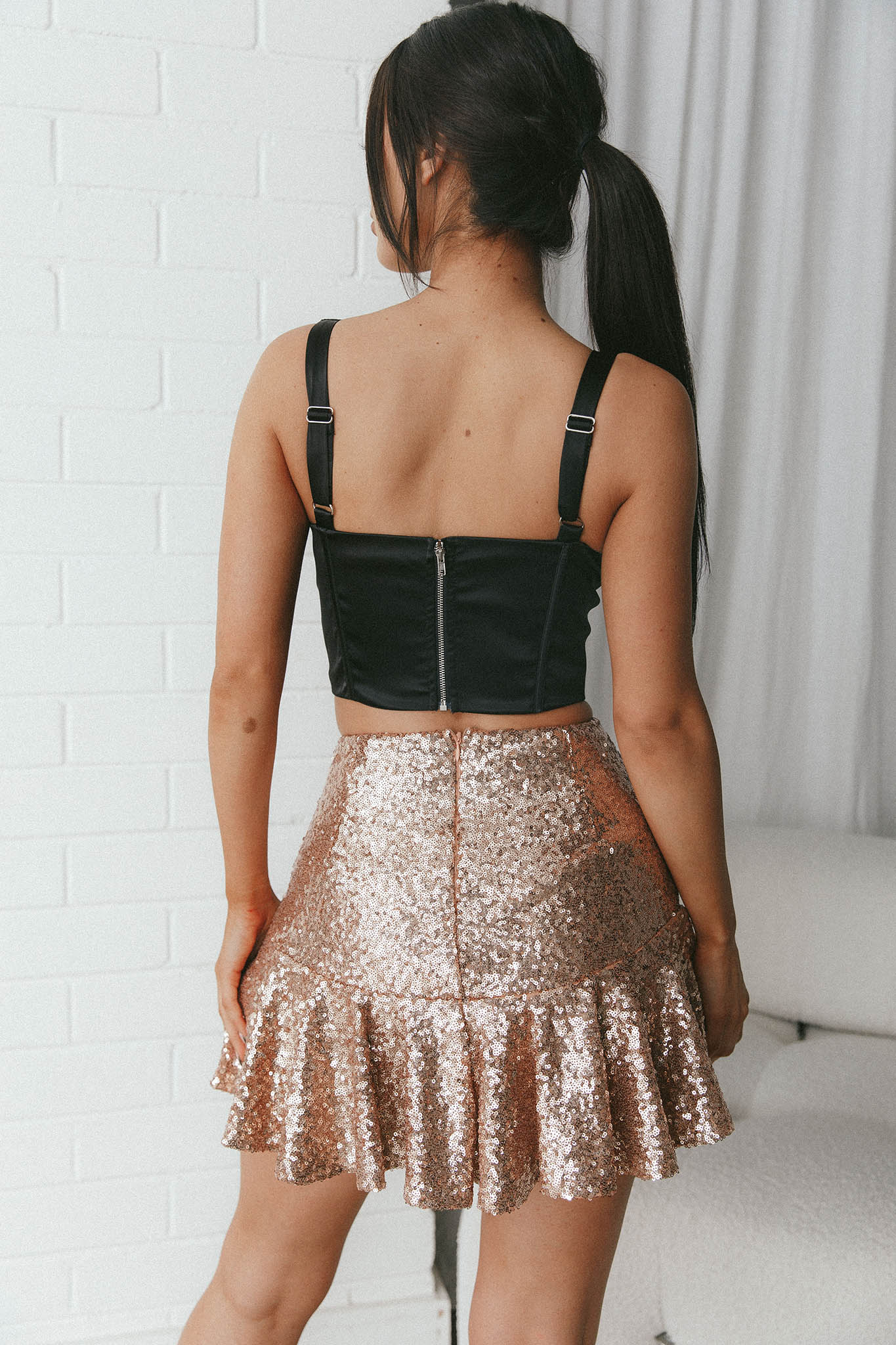 Paparazzi Ruffle Hem Sequin Mini Skirt Rose - Image 2