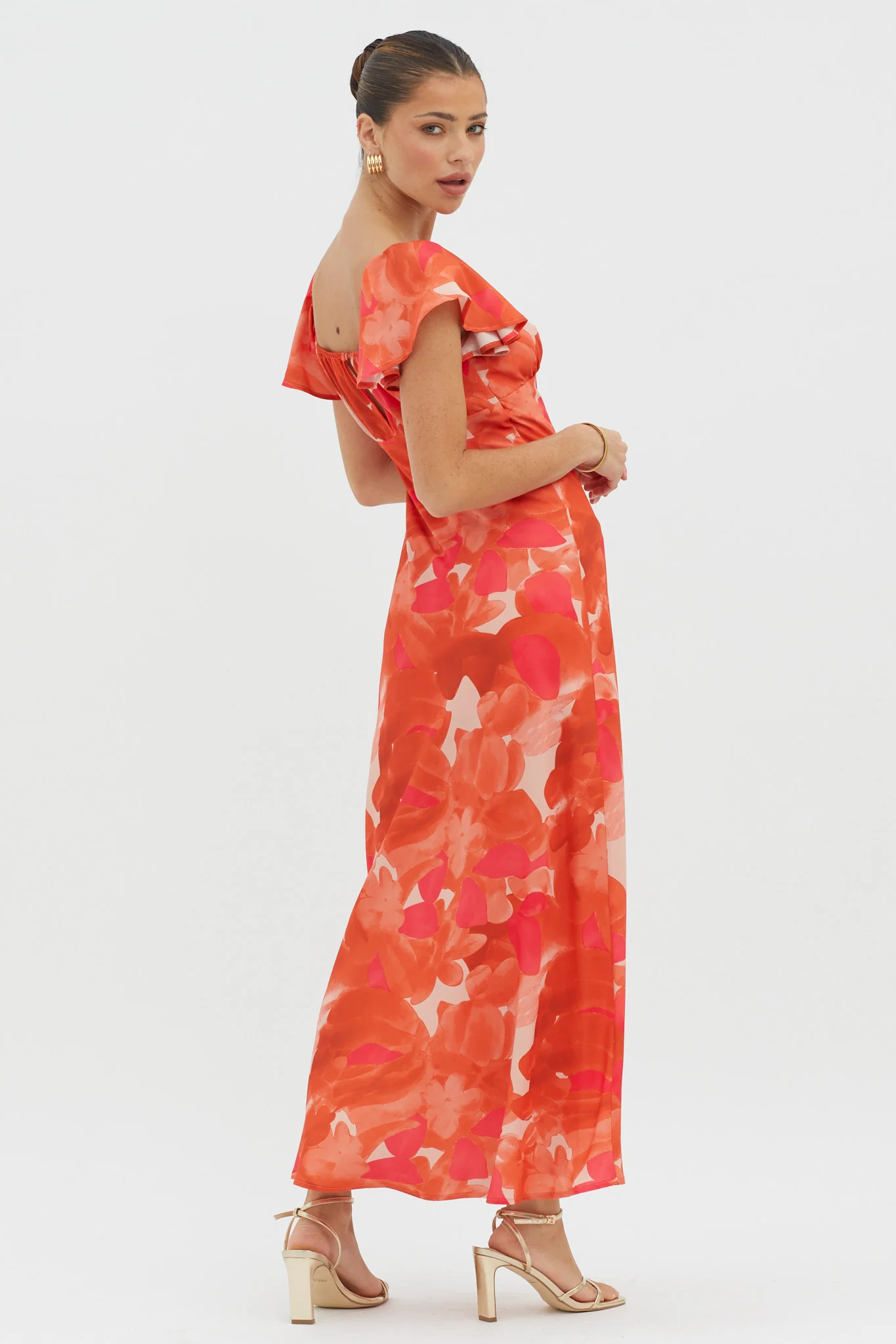 Park Avenue Flutter Sleeve Midi Dress Abstract Orange - Image 2