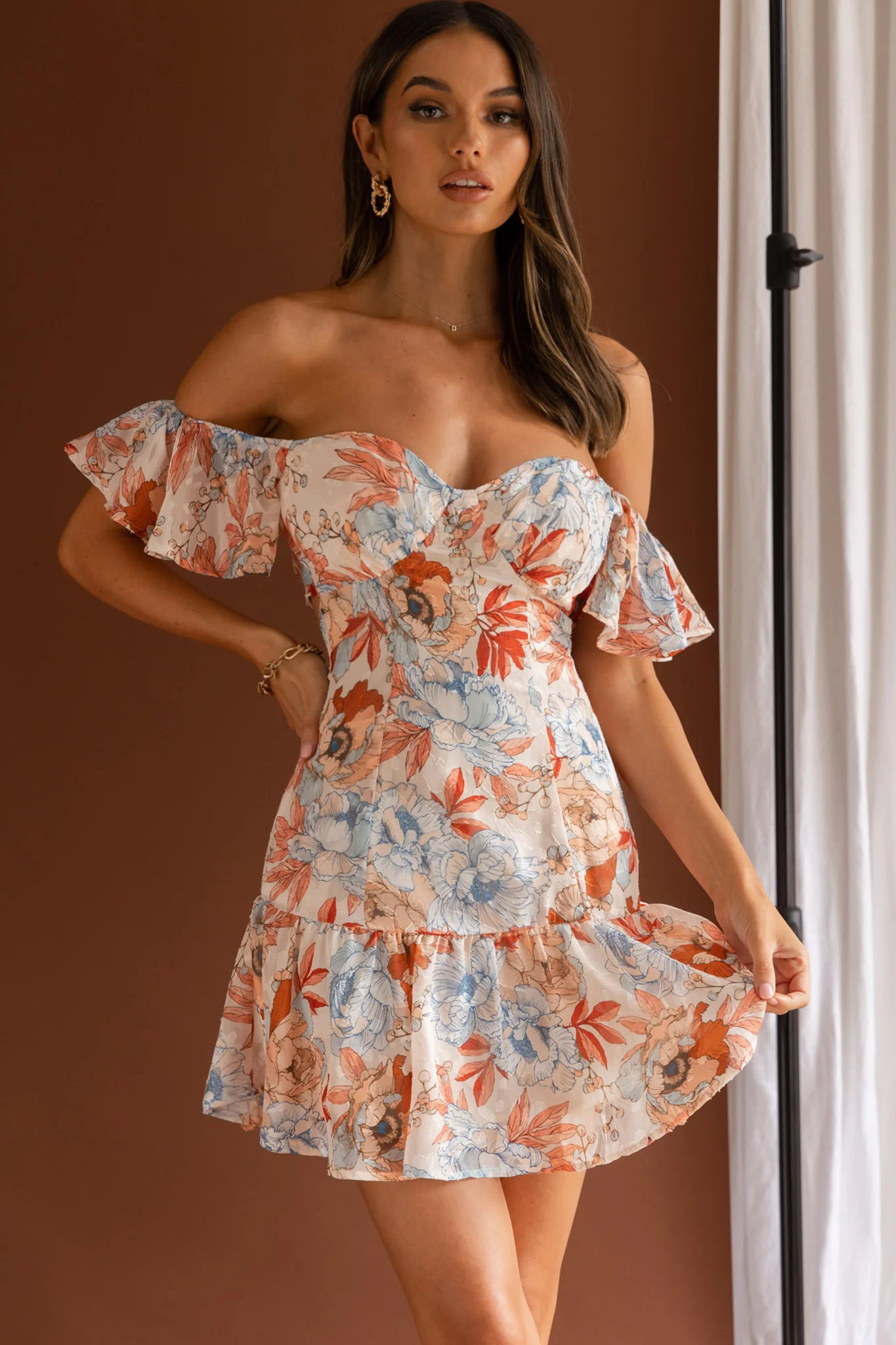 Park Avenue Flutter Sleeve Mini Dress Floral Peach - Image 6