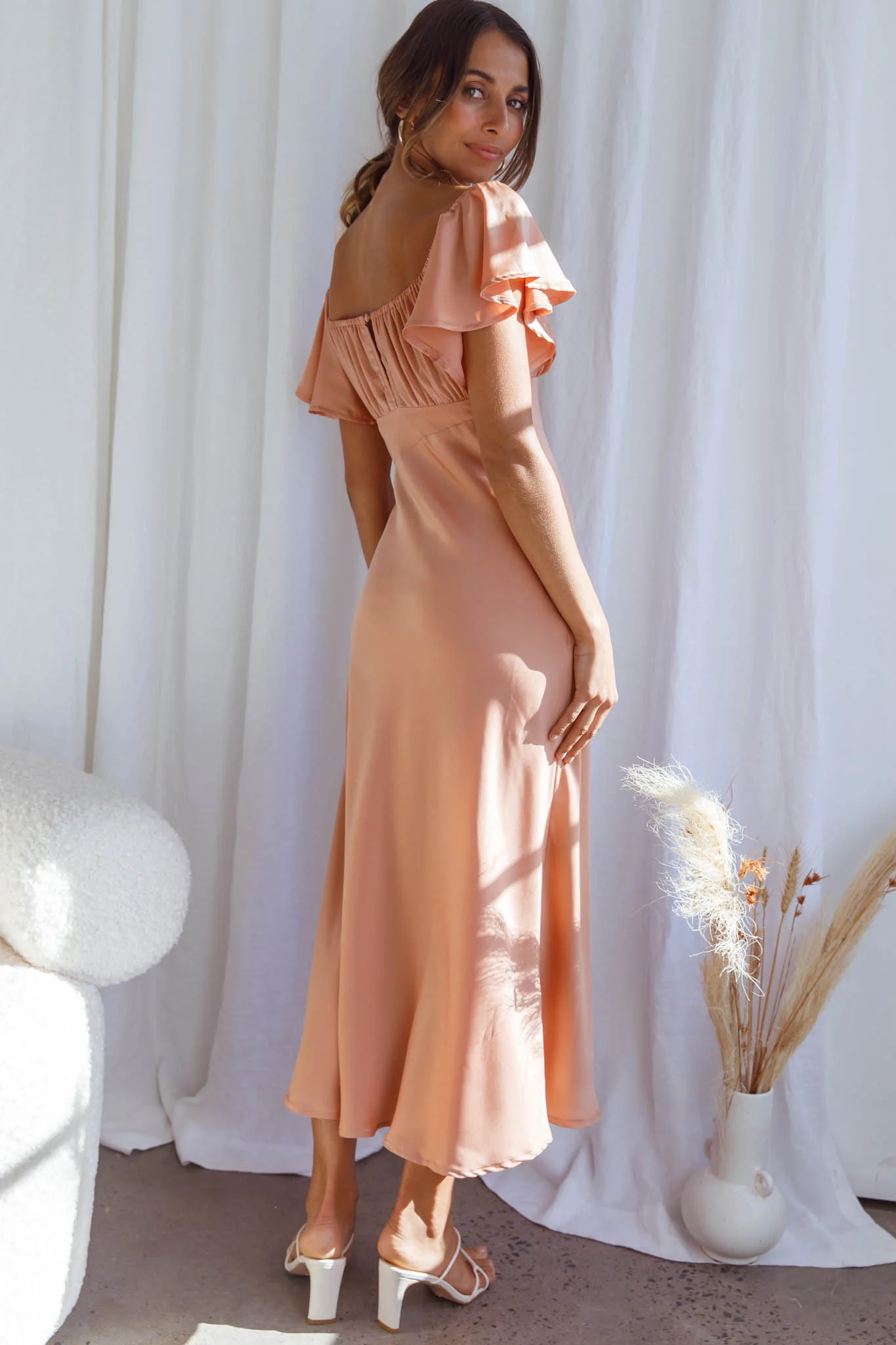 Park Avenue Flutter Sleeve Side Split Midi Dress Apricot - Image 2