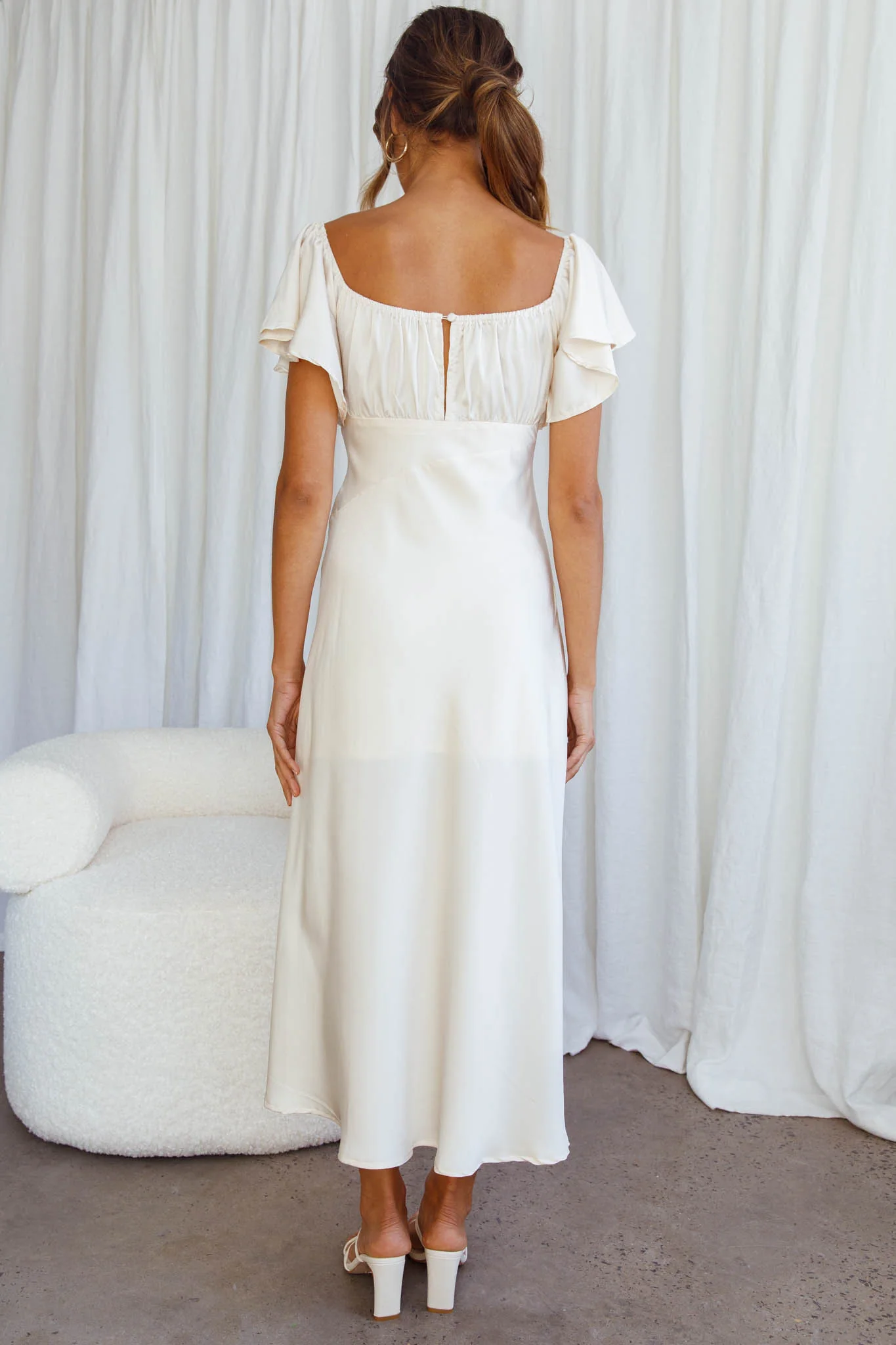 Park Avenue Flutter Sleeve Side Split Midi Dress Ivory - Image 6