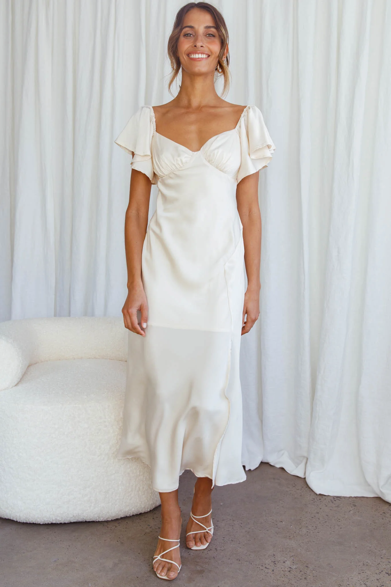 Park Avenue Flutter Sleeve Side Split Midi Dress Ivory - Image 7