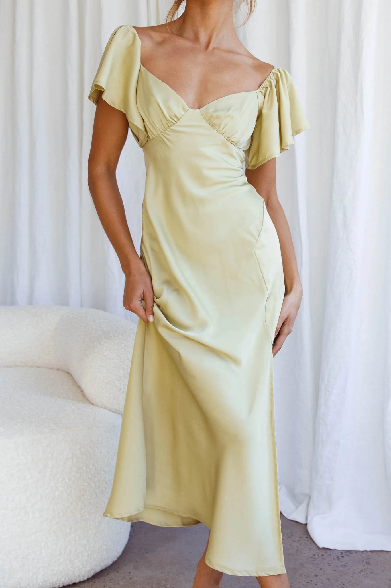 Park Avenue Flutter Sleeve Side Split Midi Dress Matcha - Image 4