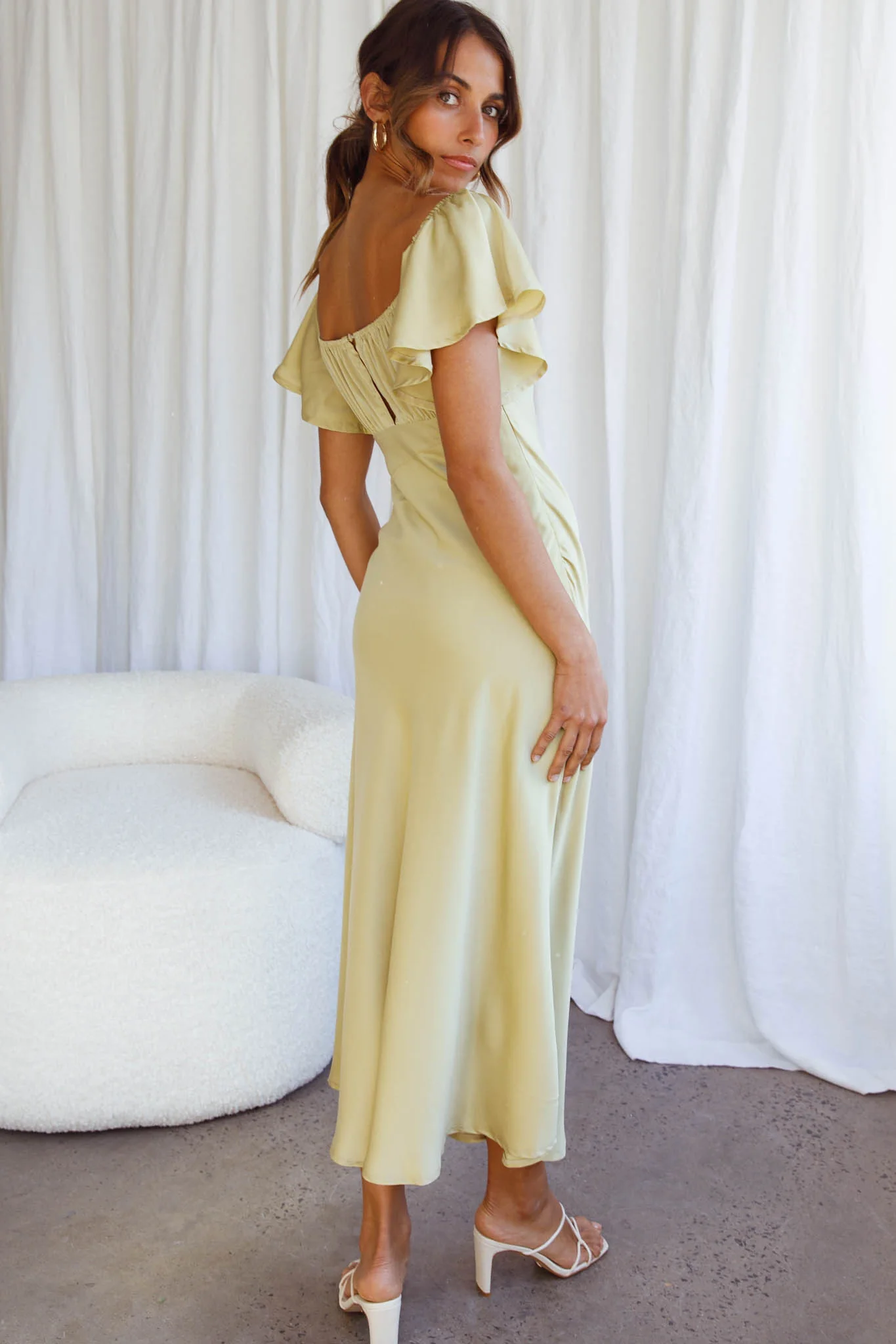 Park Avenue Flutter Sleeve Side Split Midi Dress Matcha - Image 5