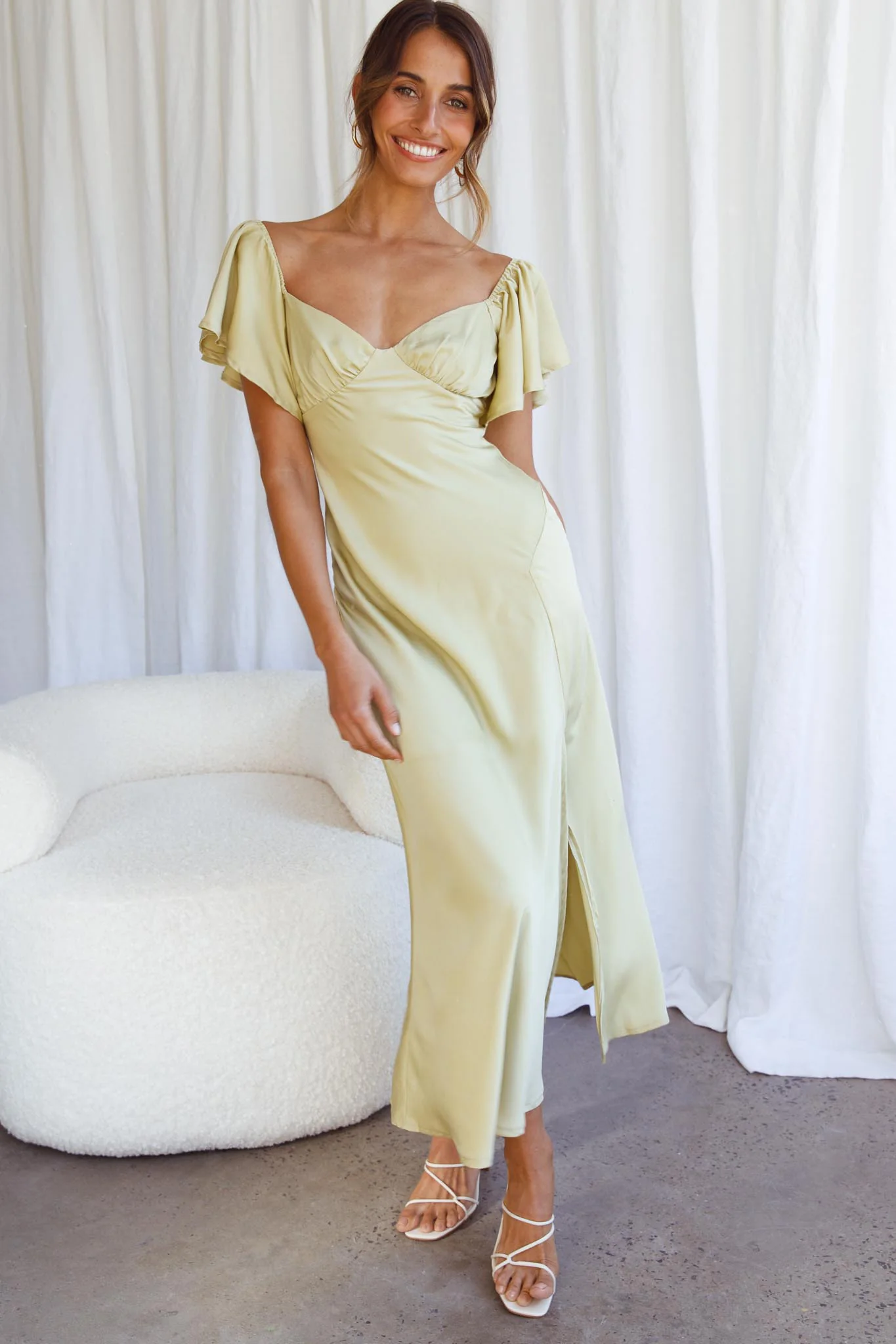 Park Avenue Flutter Sleeve Side Split Midi Dress Matcha - Image 6