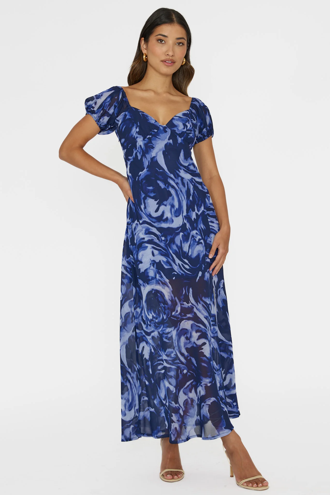 Park Avenue Puff Sleeve Midi Dress Print Blue - Image 3