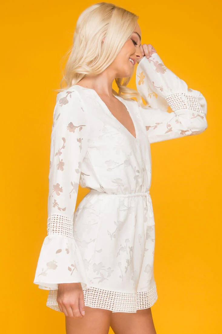 Parker Bell Sleeve Floral Details Romper White - Image 3