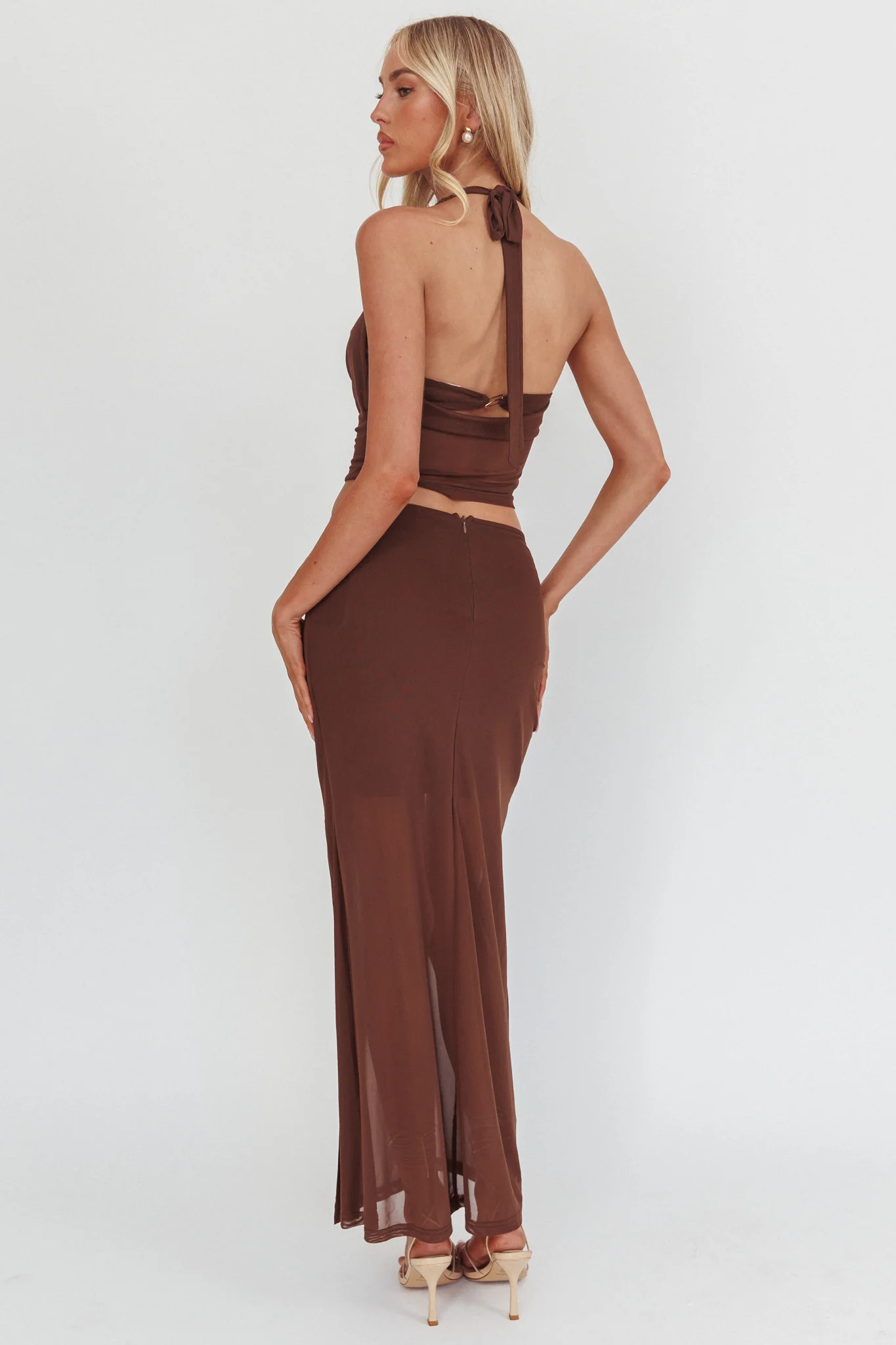 Paullina Gold Buckle Mesh Maxi Skirt Brown - Image 4