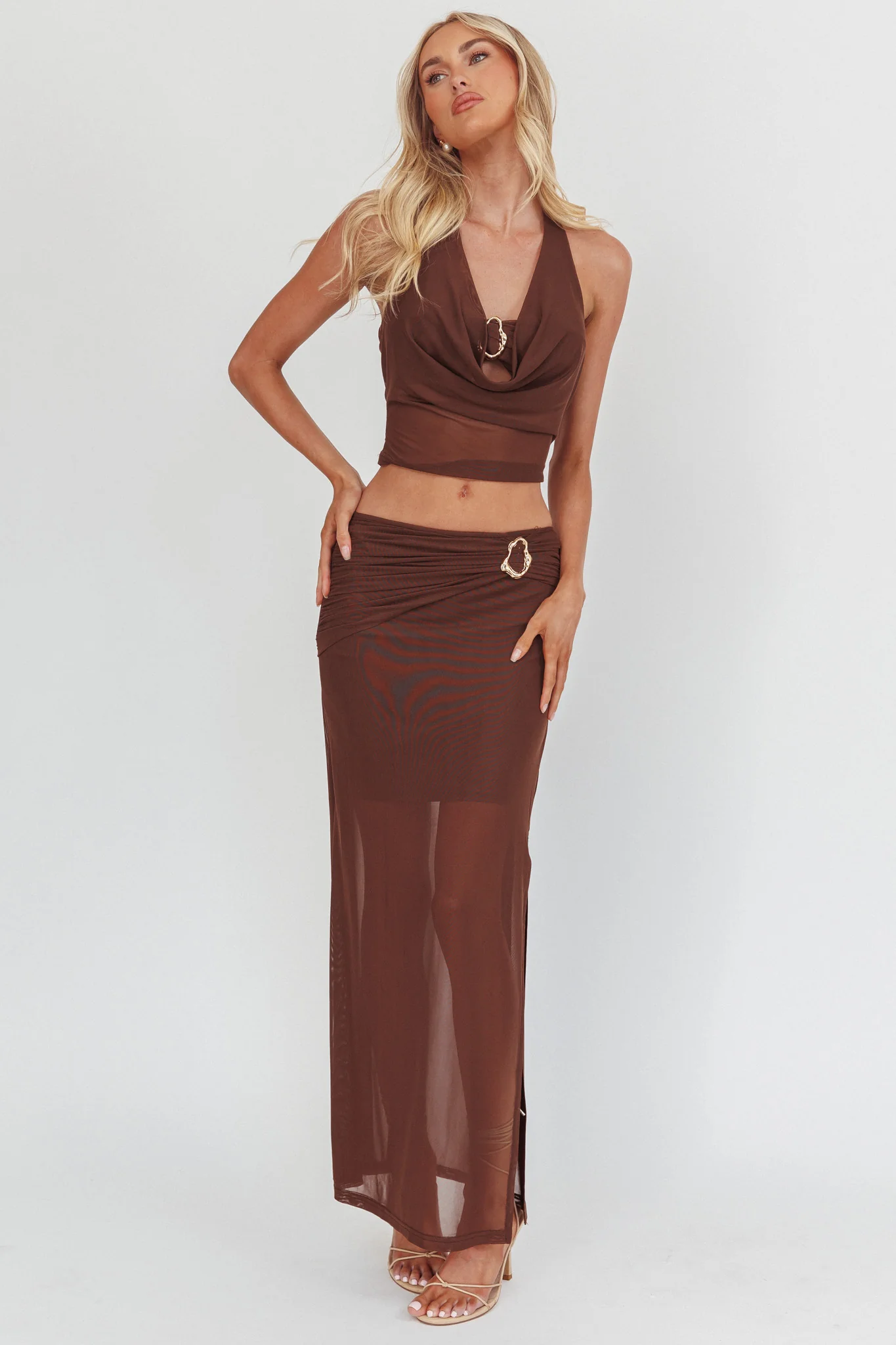 Paullina Gold Buckle Mesh Maxi Skirt Brown - Image 6