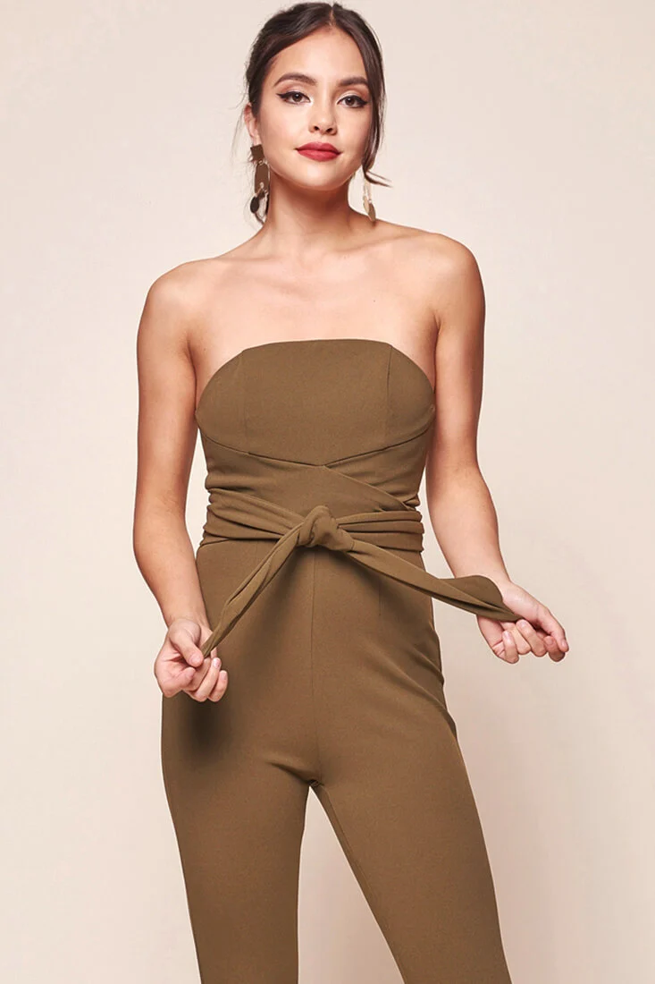Payton Strapless Waist Tie Bodycon Jumpsuit Khaki - Image 7