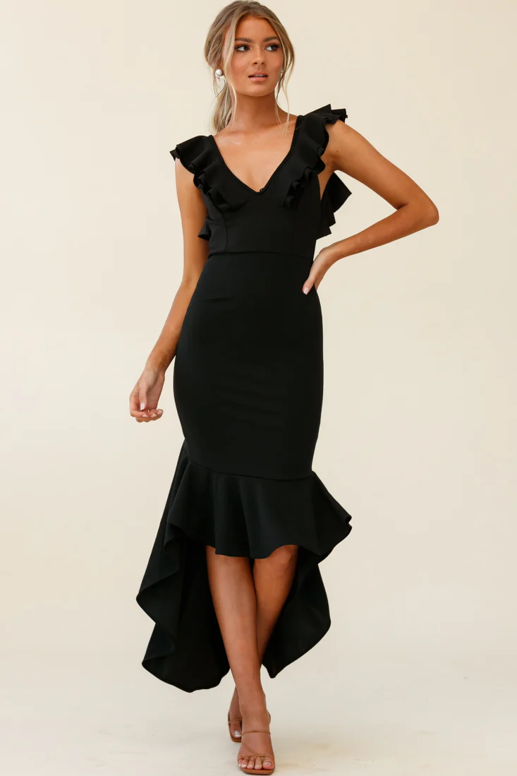 Pearl Ruffle Strap High-Low Hem Dress Black - Image 10