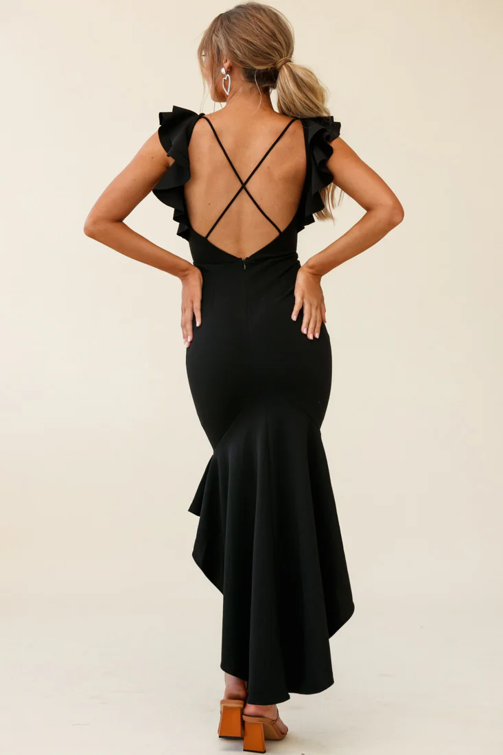 Pearl Ruffle Strap High-Low Hem Dress Black - Image 11