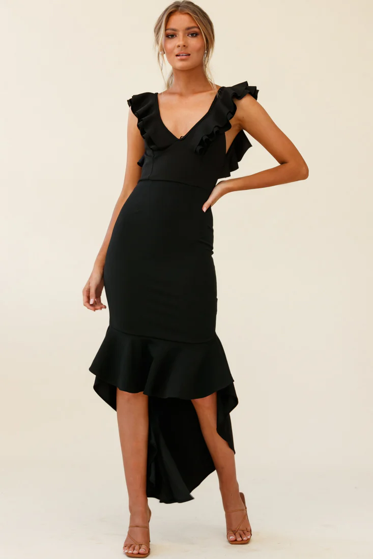 Pearl Ruffle Strap High-Low Hem Dress Black - Image 13