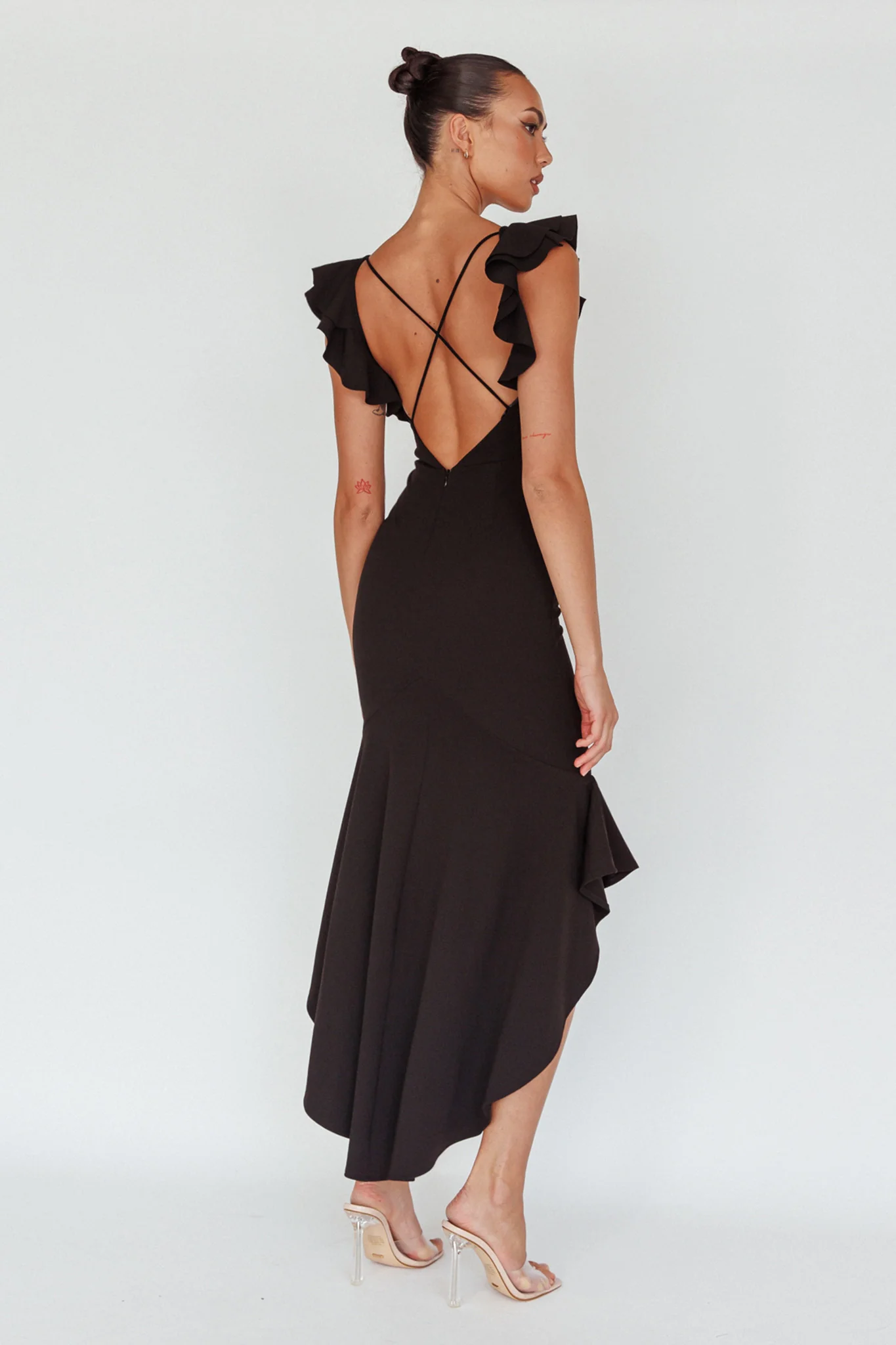 Pearl Ruffle Strap High-Low Hem Dress Black - Image 3